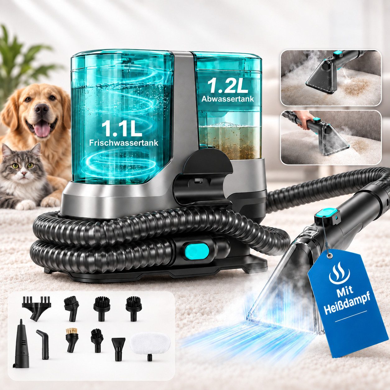 VacniQ Teppichreinigungsgerät Waschsauger Teppichreiniger 25 kPa,Teppich & Auto, mit 2 Wassertanks, 1800 W, beutellos, 4 Reinigungsmodi, Heißdampf, Doppeltank & Selbstreinigung