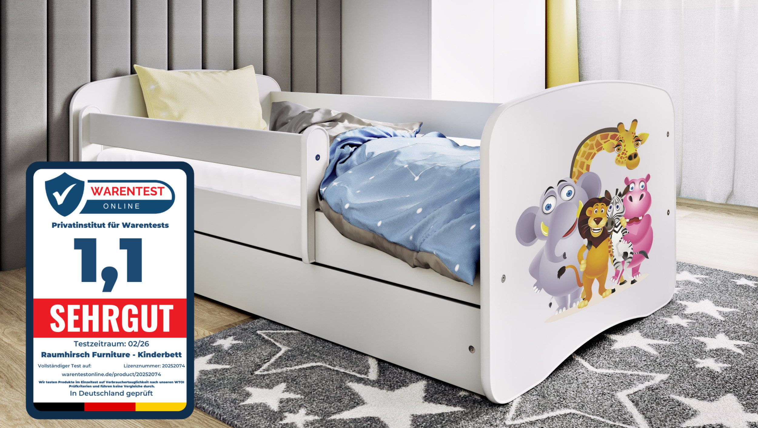 Raumhirsch Furniture Kinderbett 70x140, 80x160, 80x180 cm - Komplettset mit Schublade (Bett für Mädchen, Einzelbett für Kinder von 2-12 Jahren, Rausfallschutz und Lattenrost), verschiedene Farben & Designs