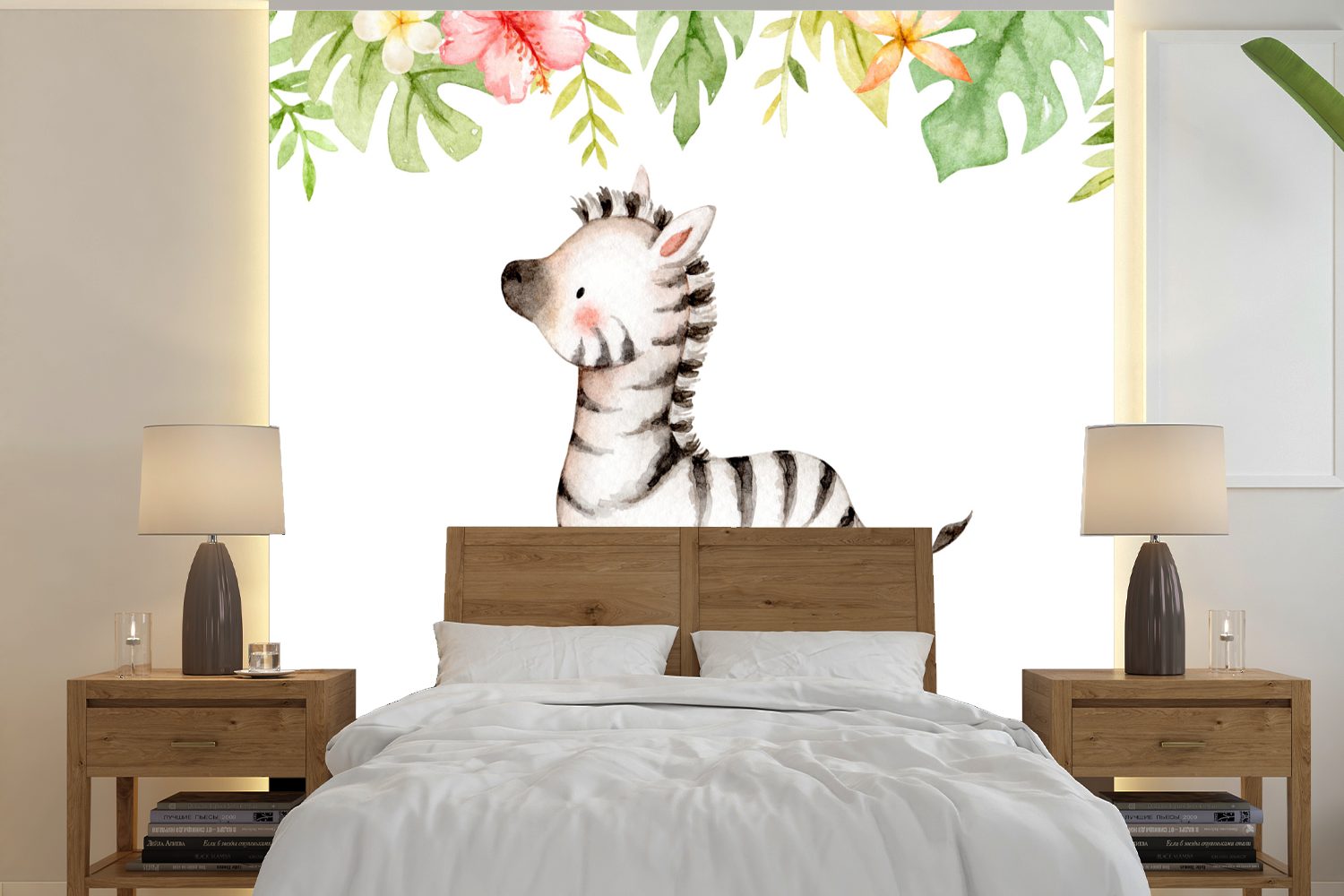 MuchoWow Fototapete Zebra - Aquarellfarbe - Dschungel, Matt, bedruckt, (5 St), Vinyl Tapete für Wohnzimmer oder Schlafzimmer, Wandtapete