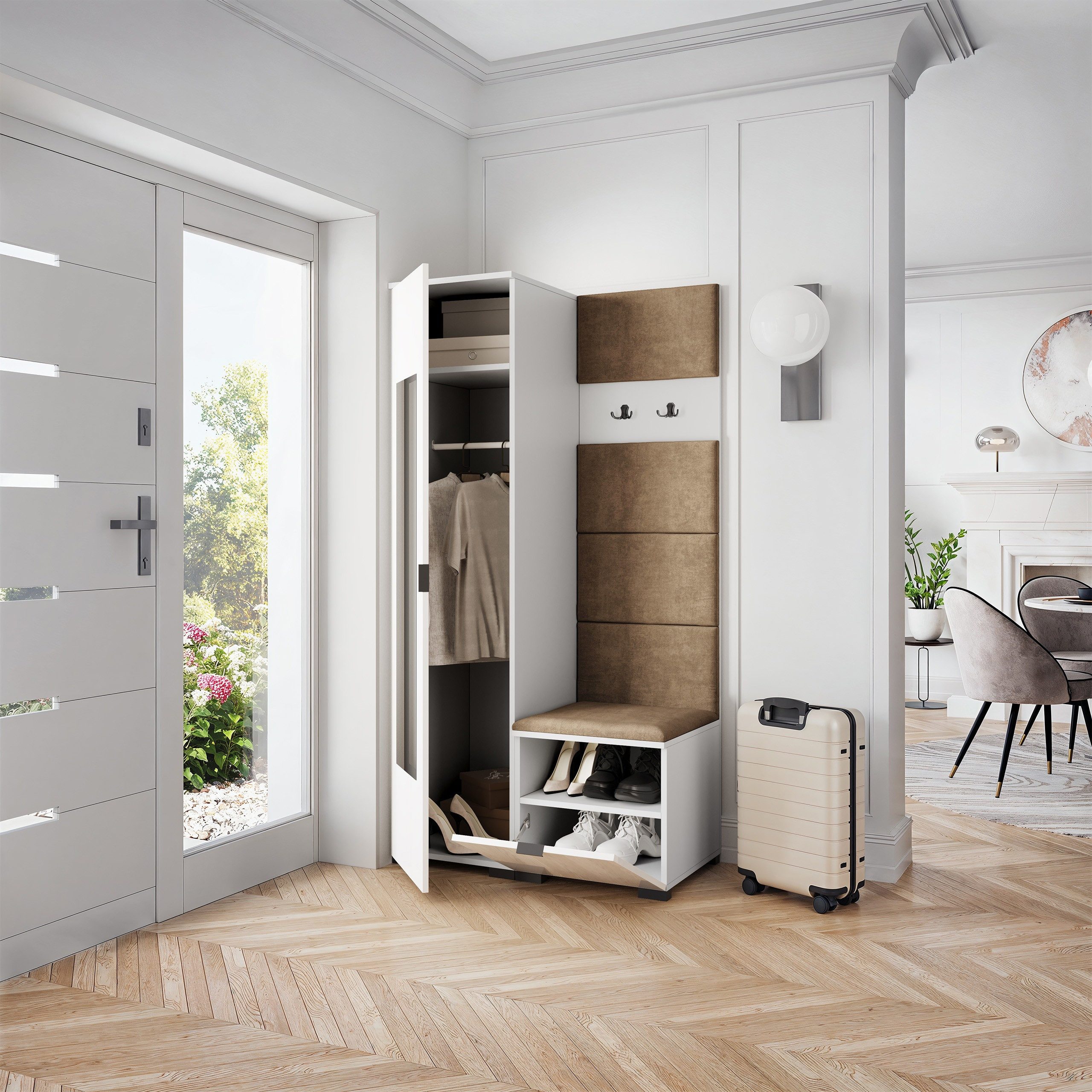 Masseno Garderobenschrank VIRA 95 x 181 cm Garderoben-Set mit Spiegel und 1 Türen Weiß