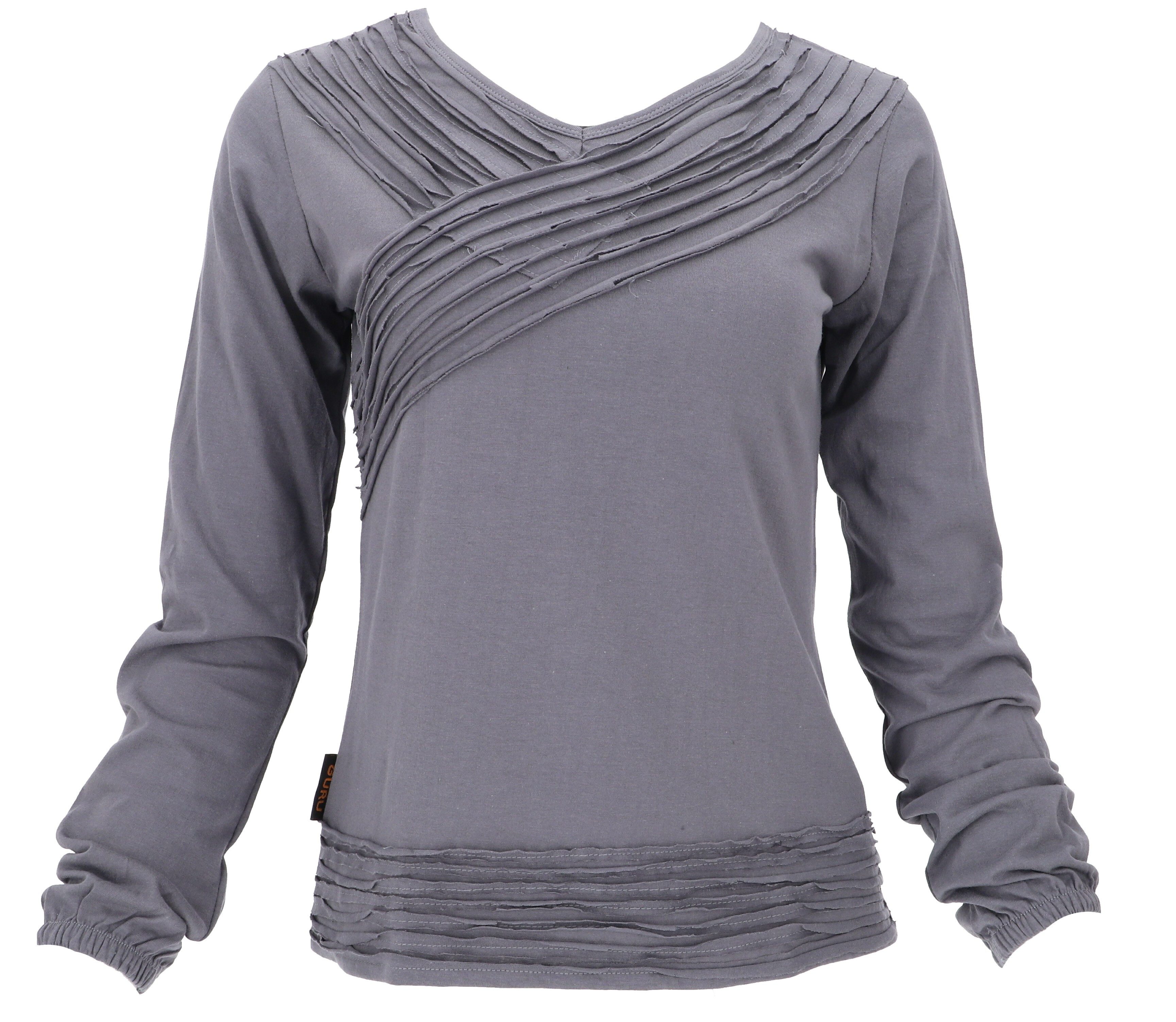 Guru-Shop Longsleeve Langarmshirt Boho Style, einfarbiges Shirt mit.. alternative Bekleidung