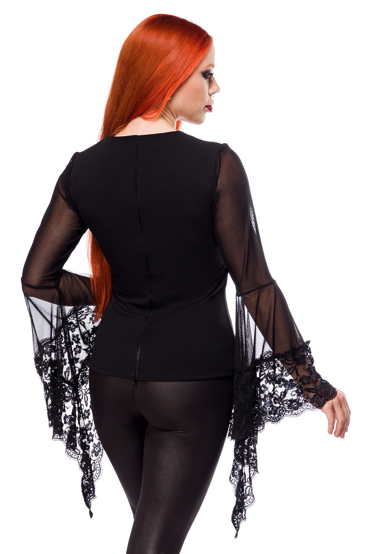 Ocultica T-Shirt Damen Gothic langarm Shirt mit Spitze mit Trompetenärmeln in schwarz e