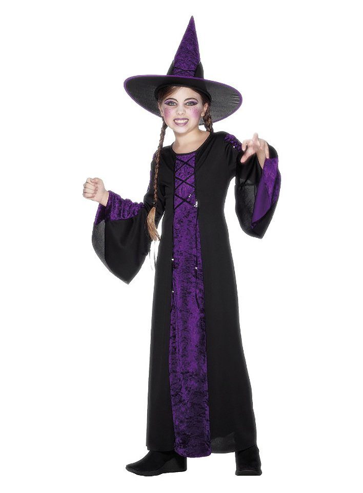 Smiffys Kostüm Düstere Hexe Kostüm für Kinder, Bodenlanges Halloweenkostüm mit Hexenhut für Mädchen