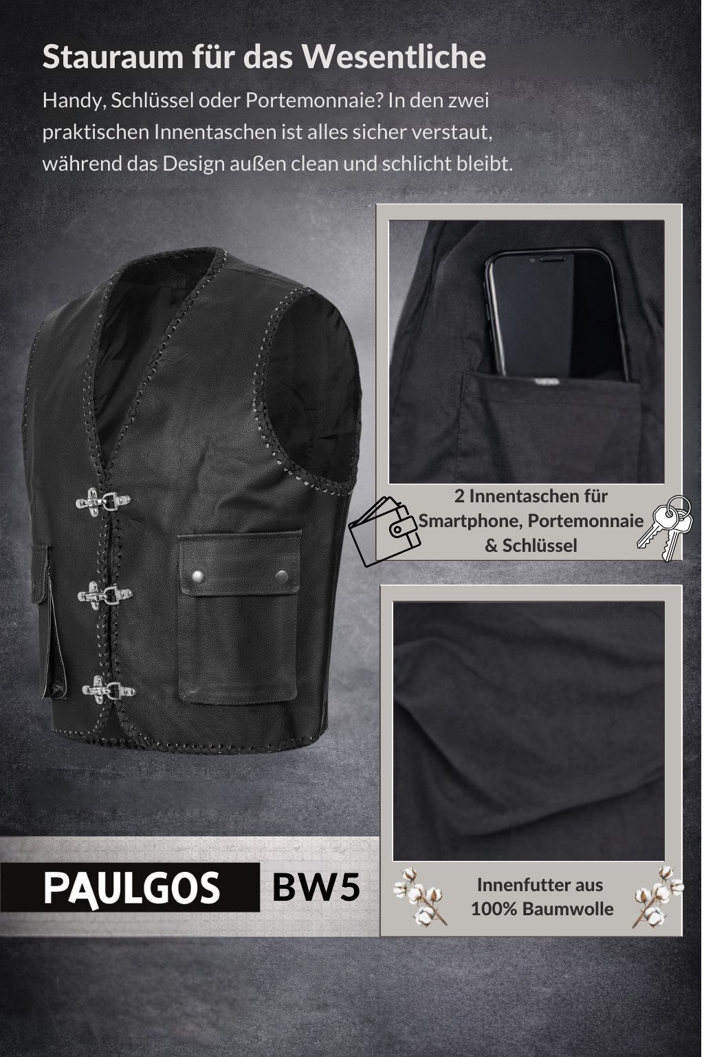 PAULGOS Motorradweste Lederweste Biker Kutte Clubweste Chopper Weste 100% Echtleder - BW5