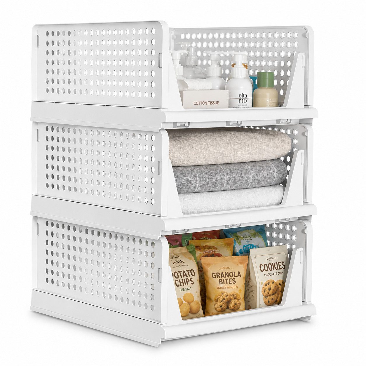 BlingBin Aufbewahrungskorb 3er Set Aufbewahrungskörbe stapelbare, Schrank Organizer (ordnungssystem, 3 St., 3tlg), ausziehbar Aufbewahrungsbox, für Bad Küche Schlafzimmer, Weiß