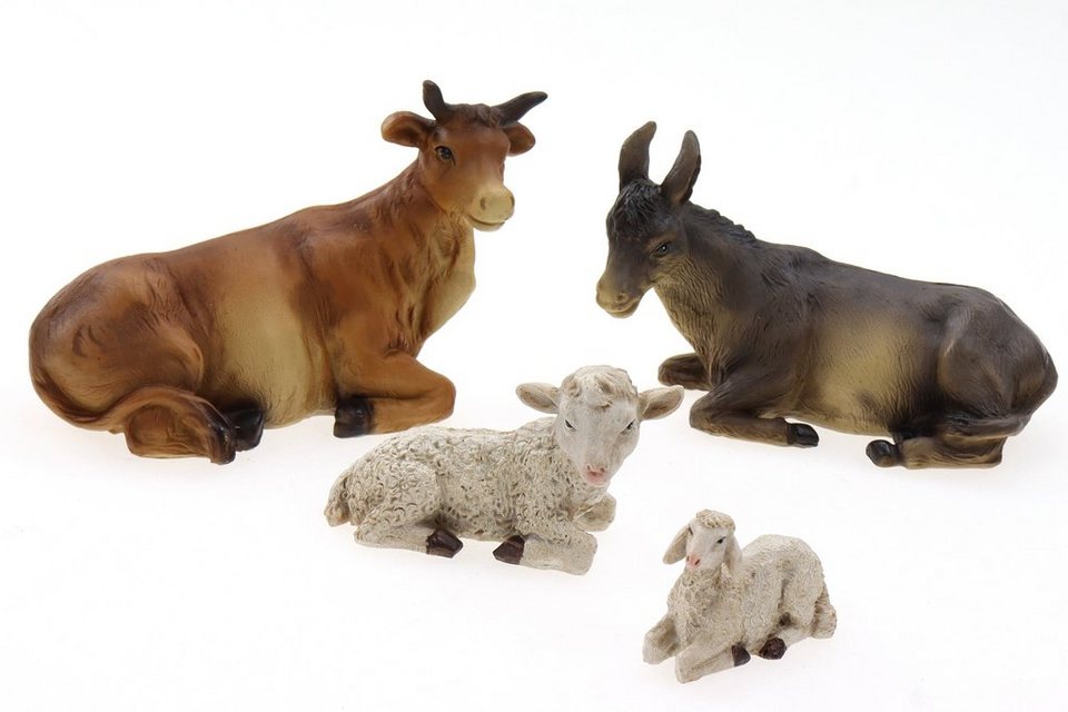 ELLUG Krippenfigur Krippenfiguren Tiere 4er Set Ochse, Esel, Schaf, Lamm  als Ersatzfiguren Tierfiguren Krippenzubehör Weihnachtskrippe max. H.:  7,5cm / max. L.: 10cm (4 St)