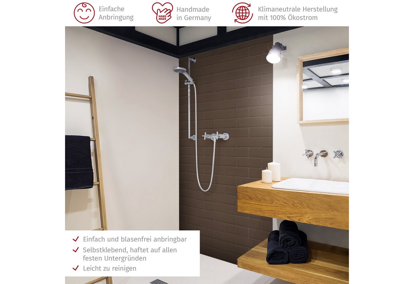 Thumbnail - Bilderdepot24 Badrückwand Fliesenoptik braun Duschrückwand ohne Bohren Dusche, (1-tlg., Hart-Folie Premium matt 0,61 mm)...