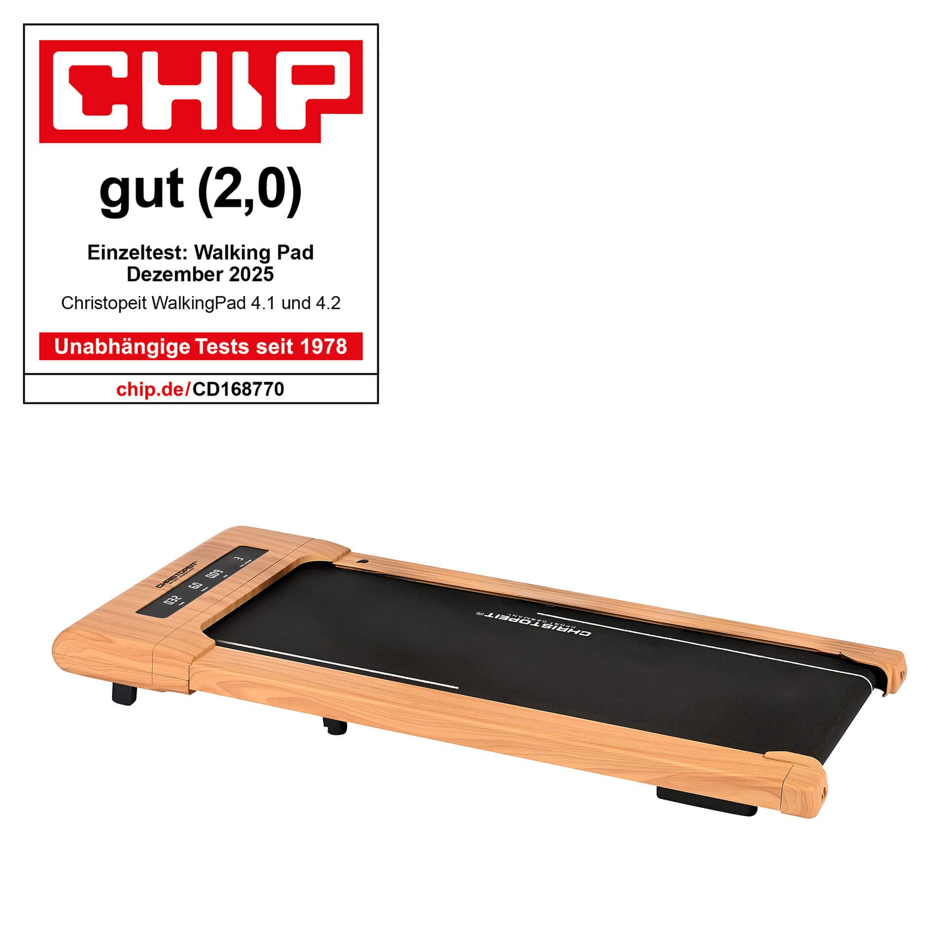 Christopeit Sport® Laufband Walking Pad 4.2 Holzoptik (Aufstellfüße "Stand Up Support" für vertikale Wand-Lagerung), bis max. 6 km/h, 120 kg max. Benutzergewicht