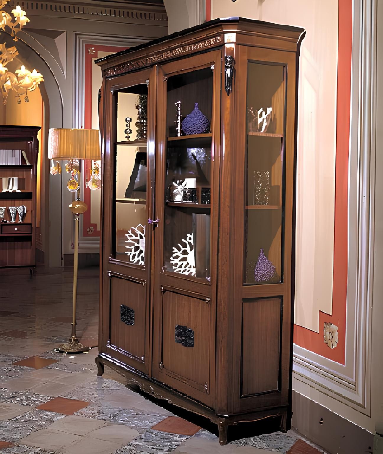 JVmoebel Glasvitrine Braune Holzvitrine im italienischen Stil mit Soft-Close-Funktion (1-St) Made in Europa