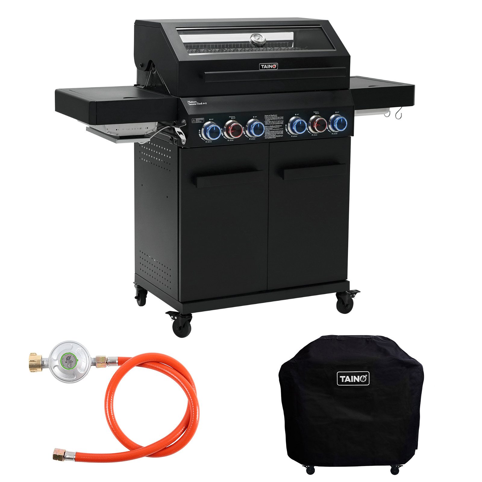 TAINO Gasgrill PLATINUM YAMARA DARK 4+2 + Haube, Spar-Set, Grillwagen, 4 Brenner, Sear-Zone, Heckbrenner, Edelstahl