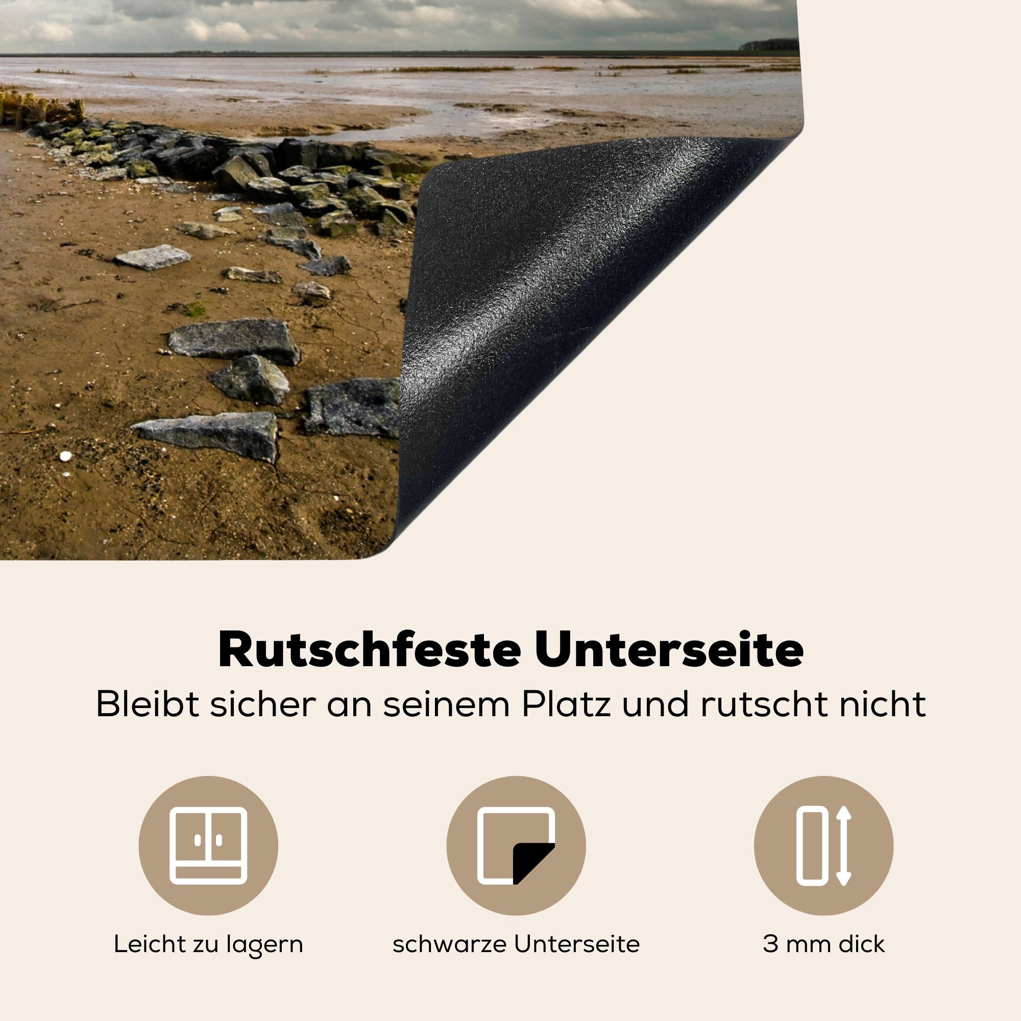 MuchoWow Strand - Steine, tlg), Herdblende-/Abdeckplatte Wattenmeer Mobile 60x52 - (1 Arbeitsfläche Ceranfeldabdeckung Vinyl, nutzbar, cm,