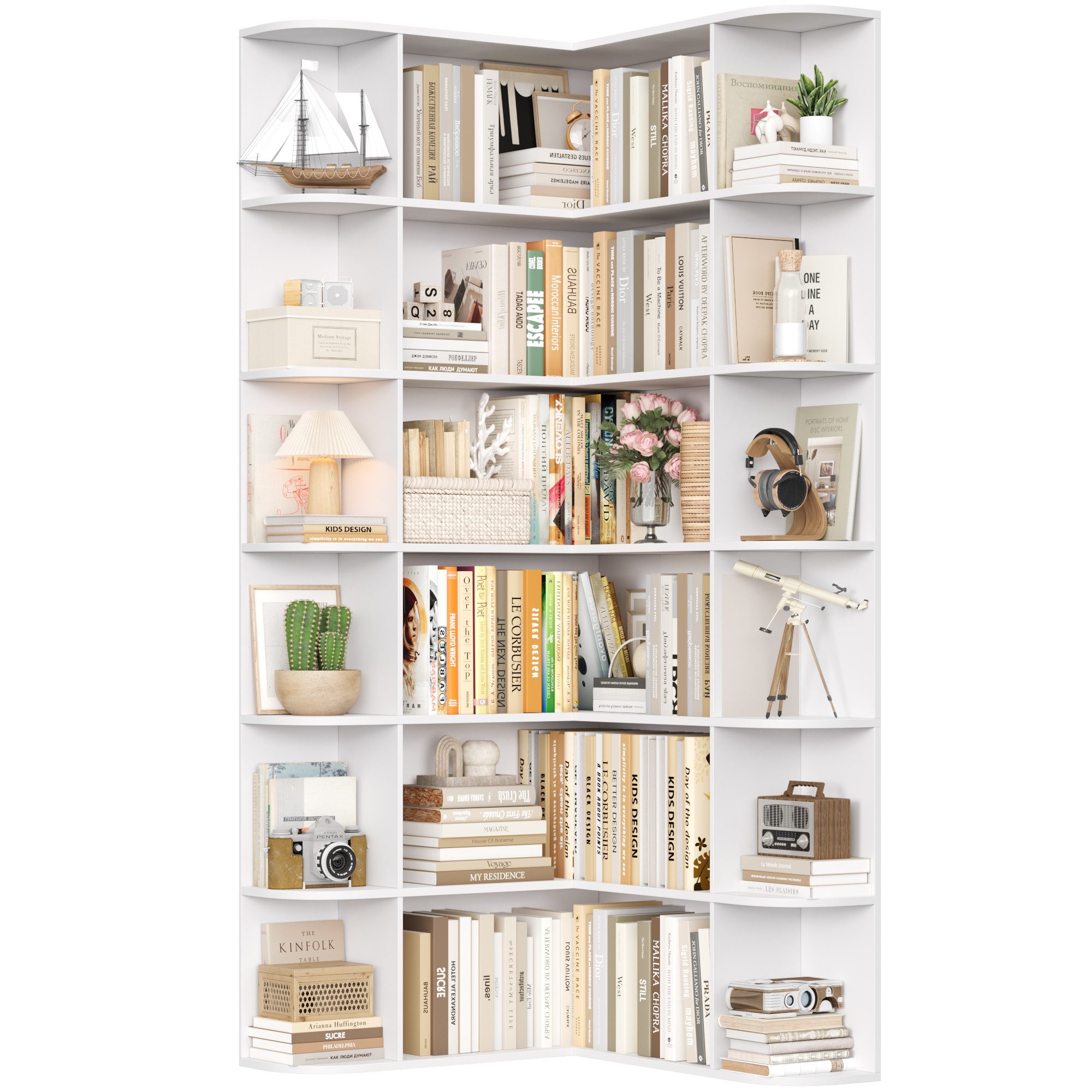 Homfa Bücherregal 185 cm Eckregal Bücherschrank Eckbücherregal, Standregal L-förmiger Eckschrank 80 x 84 x 185 cm, weiß