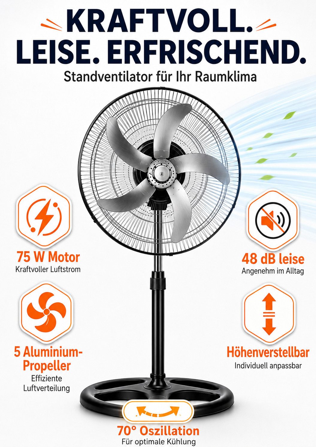 Ertex Standventilator Standventilator 75W Ø46cm Ventilator, höhe bis 130 cm STARK