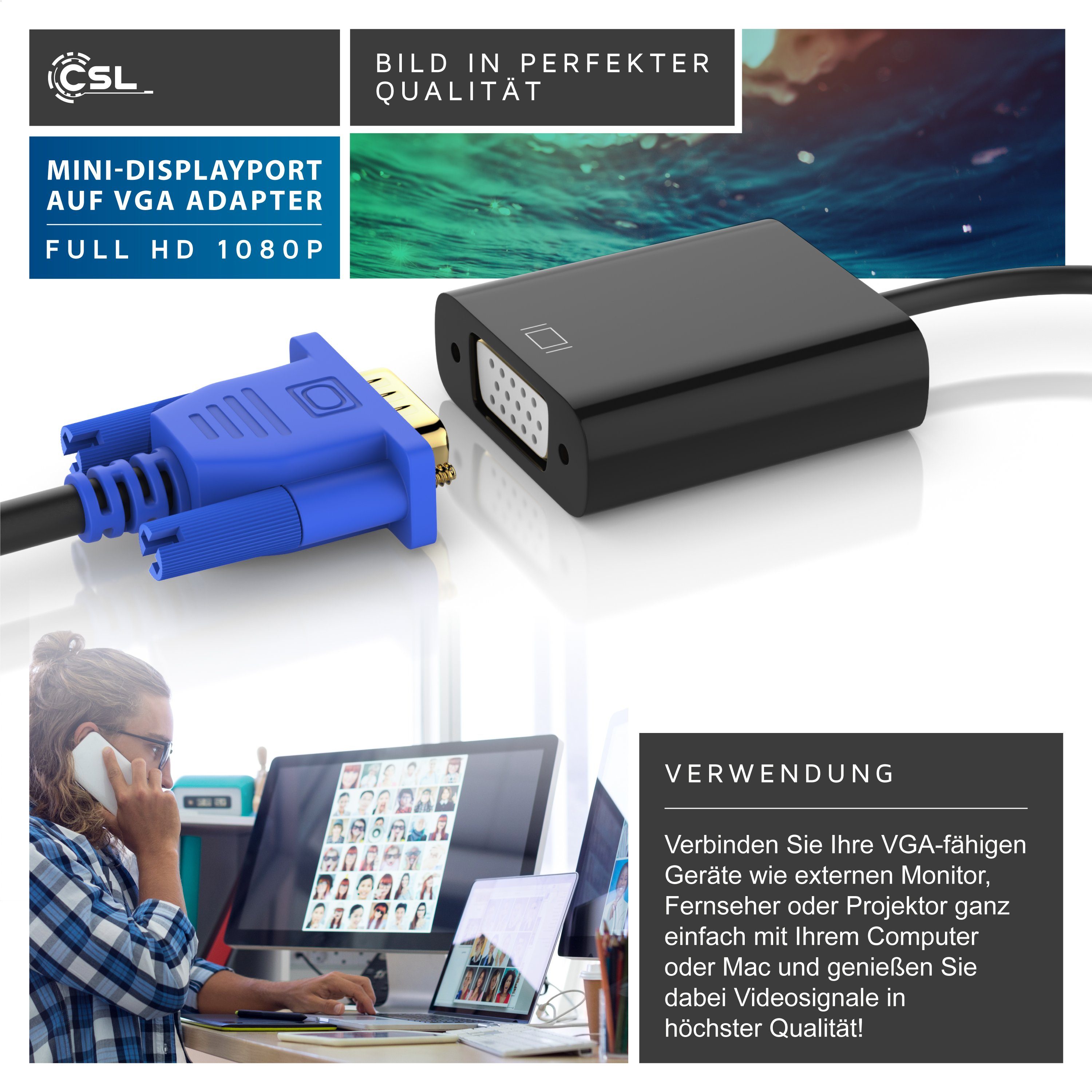 CSL Video-Adapter Mini DisplayPort zu VGA, Full HD MiniDP Stecker zu VGA Buchse Adapter Kabel
