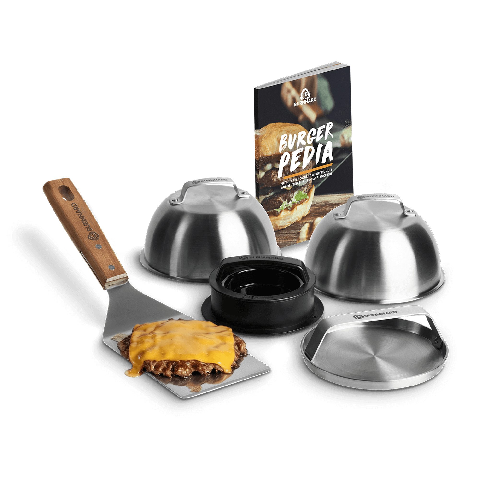 BURNHARD® Burgerpresse Ultimatives Burger-Set 6 tlg. (6 St), Wender, Smasher, 2 Melting Domes & Rezeptheft, Geschenk für Männer