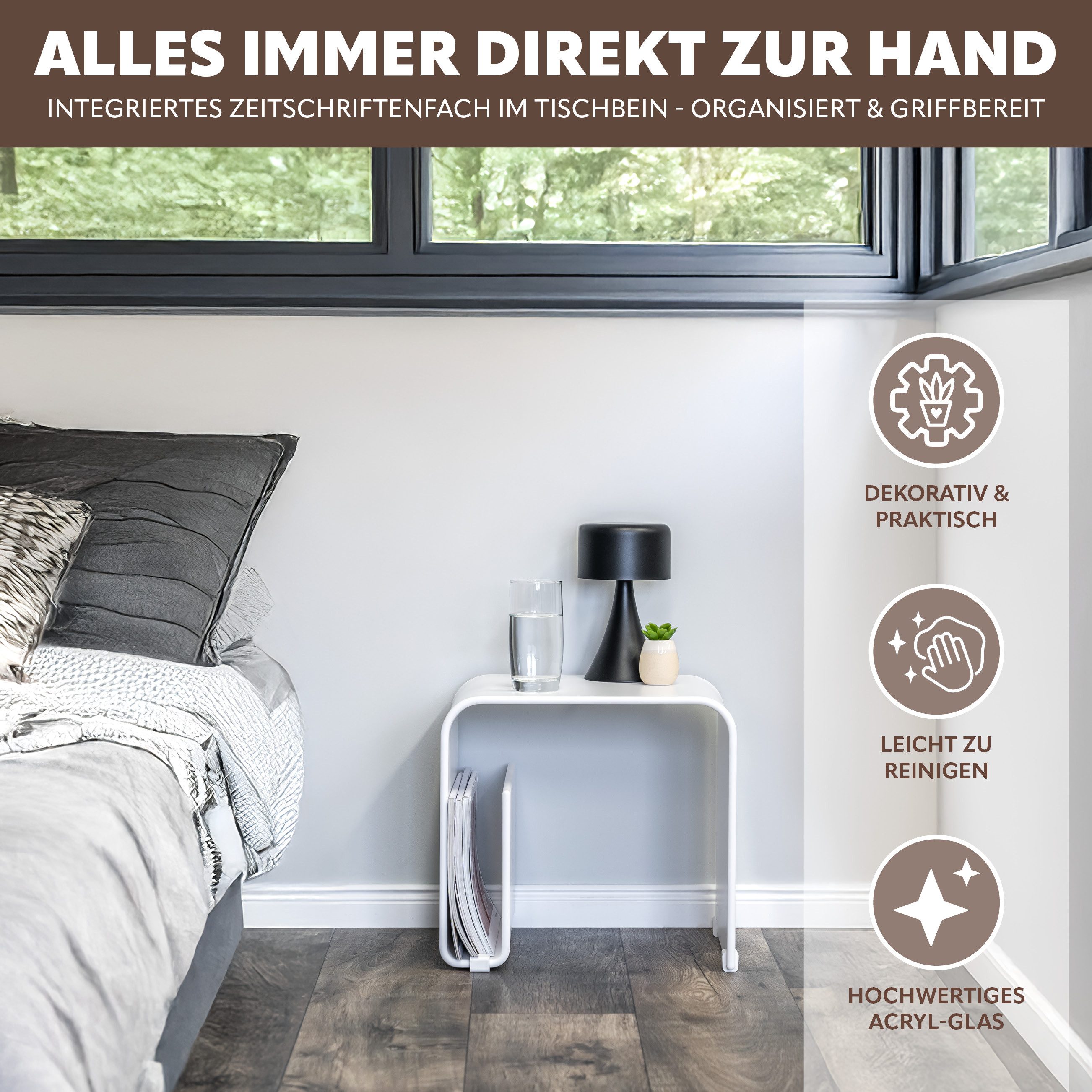eluno Beistelltisch 2in1 aus Acryl mit Magazinhalter (1-St)