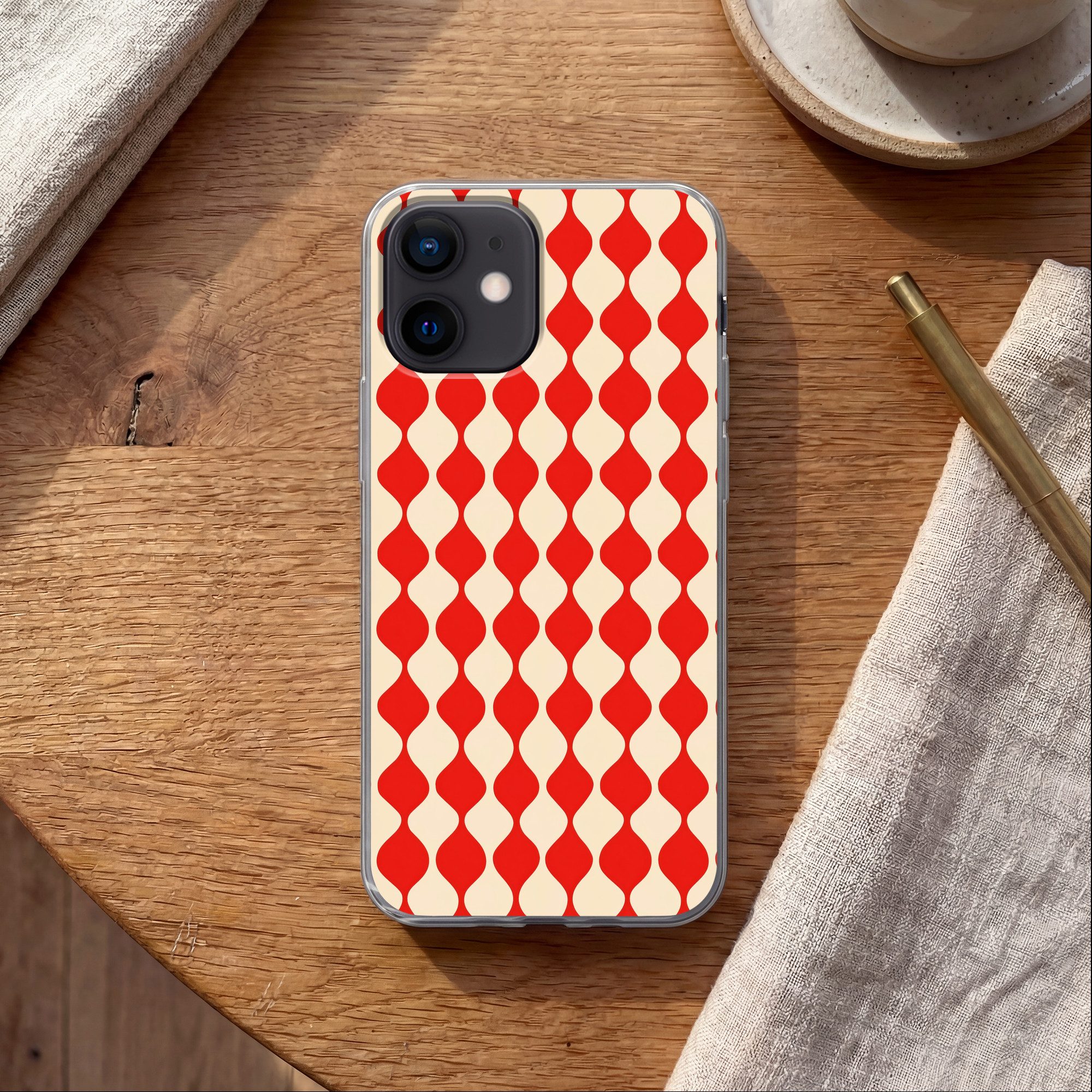 MuchoWow Handyhülle für Apple iPhone 12 Mini Wellenförmiges Muster - Retro - Rot - Beige, Smartphone-Bumper, Print, Handy Schutzhülle Dünn