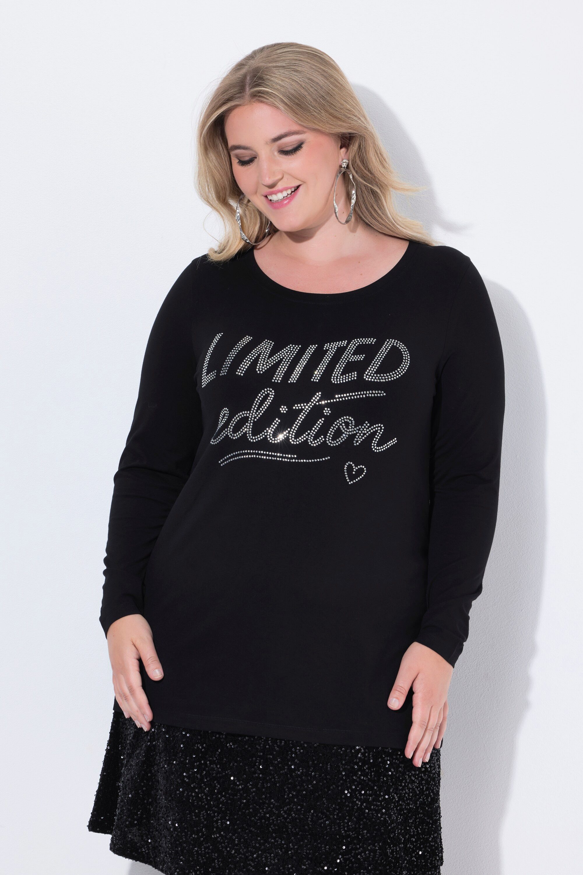 MIAMODA T-Shirt Langarmshirt A-Linie Glitzer-Schriftzug günstig online kaufen