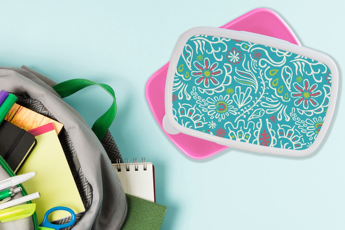 Brotdose MuchoWow Blumen Mädchen, Kunststoff Snackbox, - Kunststoff, Tropisch (2-tlg), Blätter rosa Lunchbox - Erwachsene, Brotbox für Design, Kinder, -