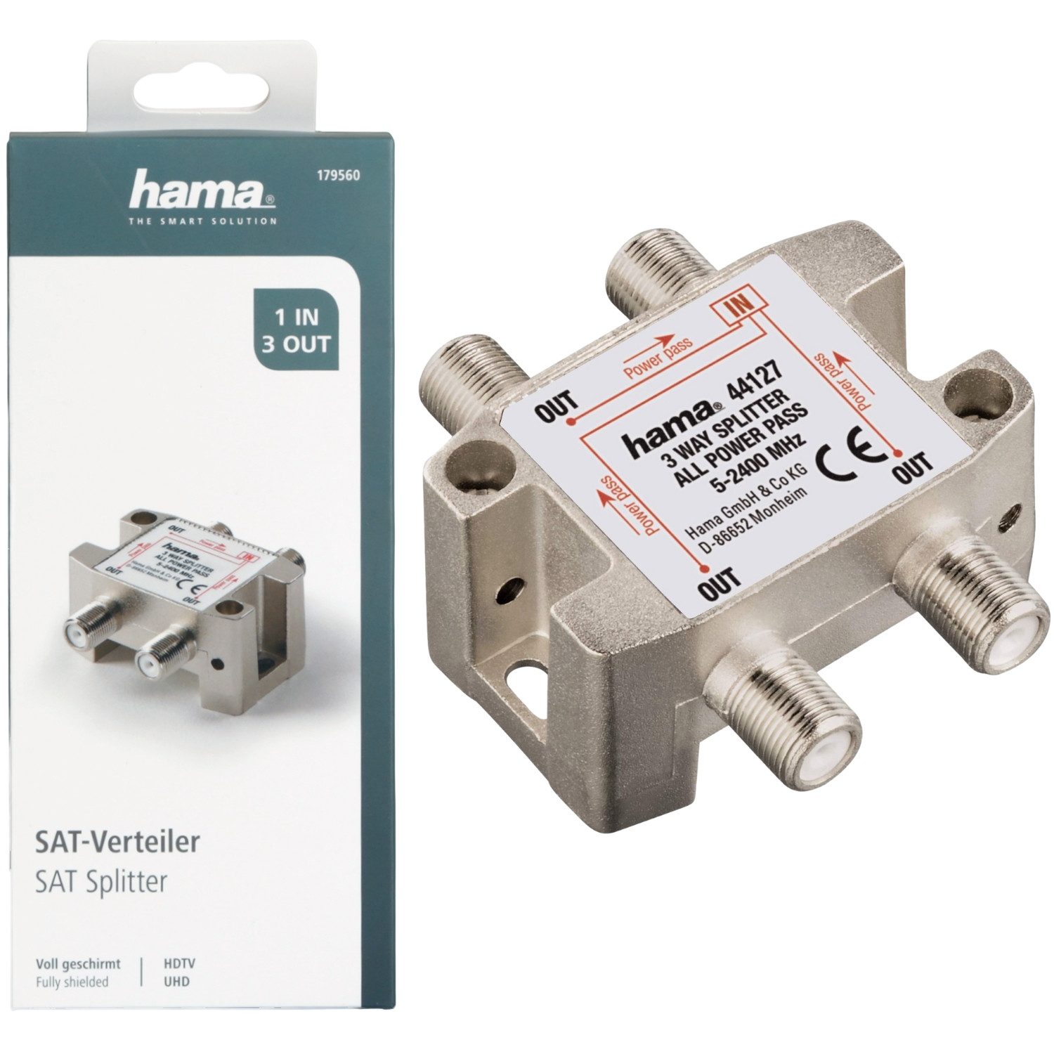 Hama Дистрибьютор сат Sat-Verteiler 3-fach voll geschirmt DC, Sat-Splitter BK-Verteiler Adapter Satverteiler 8K 4K HD TV Ultra HD