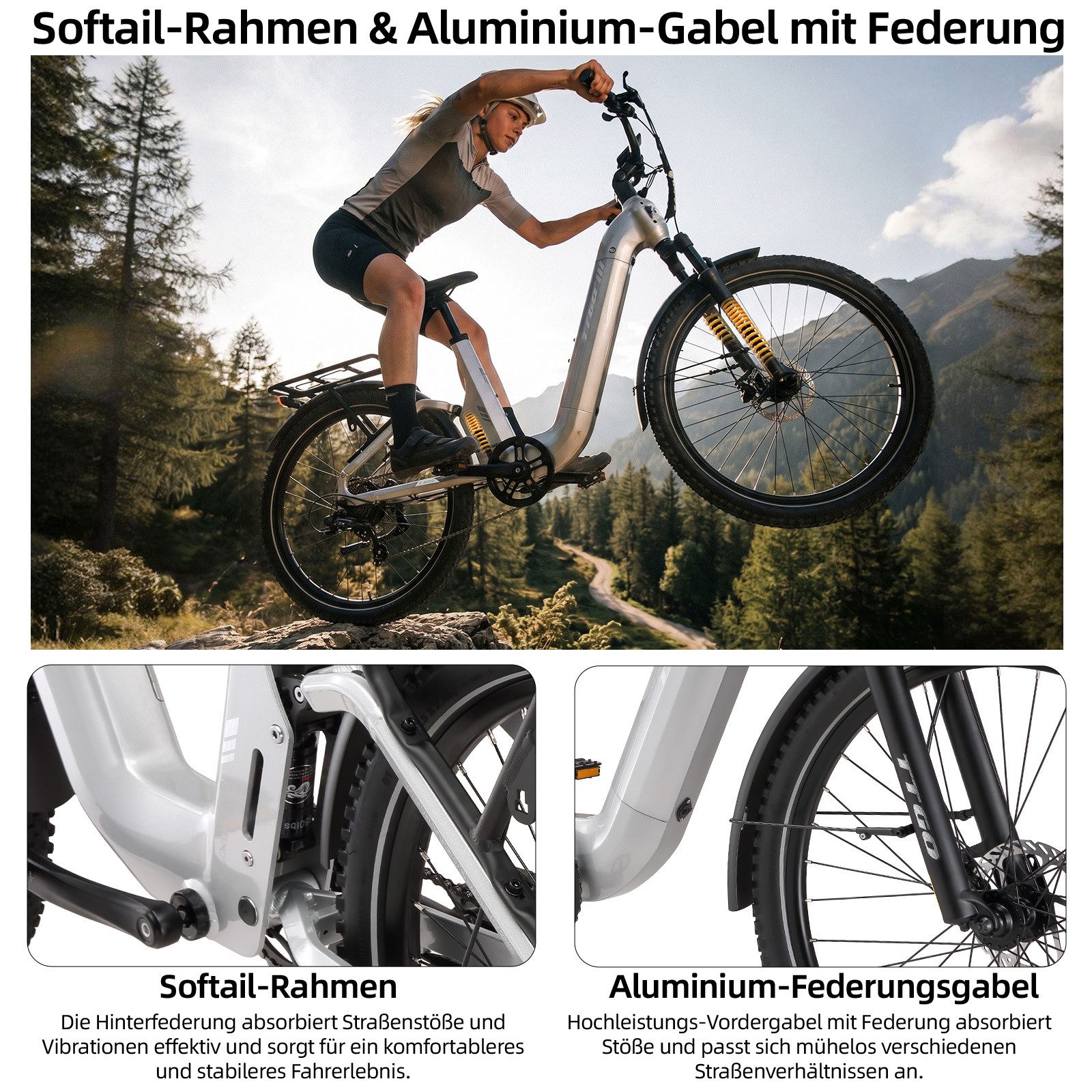 TTGO E-Bike Cityrad 28 Zoll, Fully, Vollfederung, 120km, Drehmomentsensor, mit Bremslicht, 7 Gang Shimano, Kettenschaltung, Heckmotor, 720 Wh, (5 Stufen, Farb-LCD-Display, Hydraulische Scheibenbremsen), Lockout-Federgabel, 70Nm, Pedelec, Elektrofahrrad für Damen und Herren