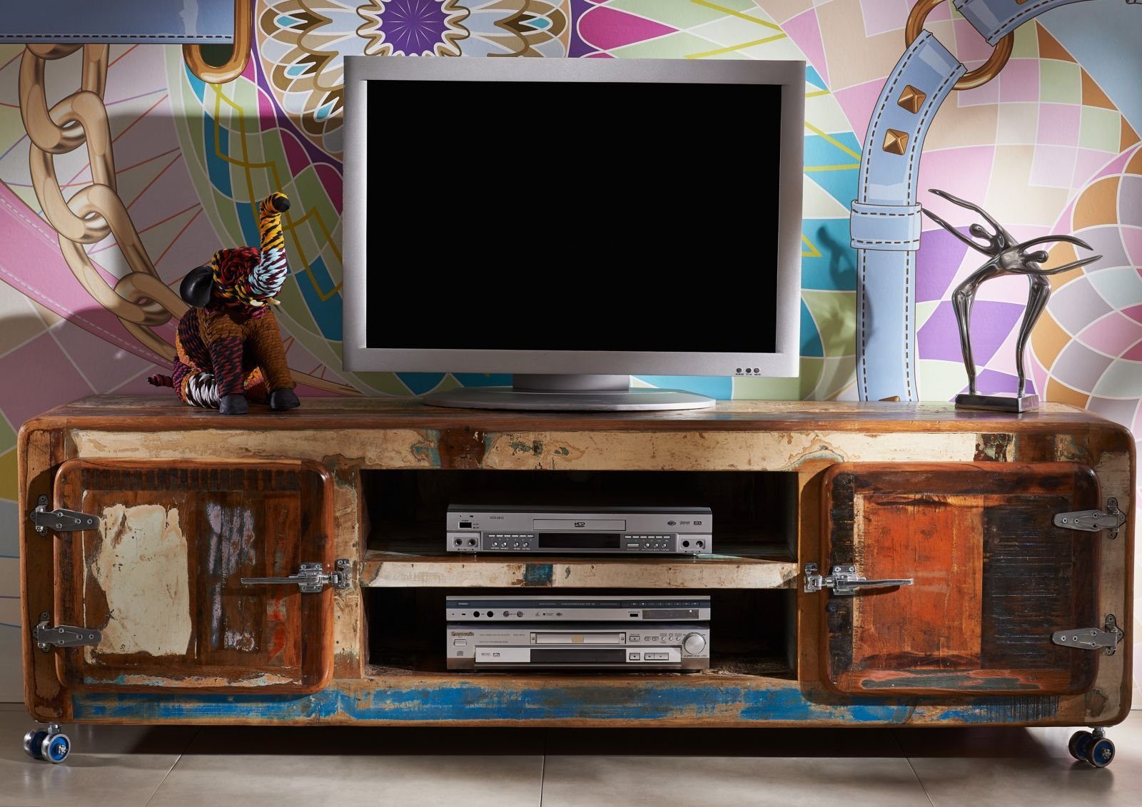 Massivmoebel24 TV-Board FREEZY (Massivholz), TV-Board Altholz 180x45x53 mehrfarbig lackiert FREEZY #32