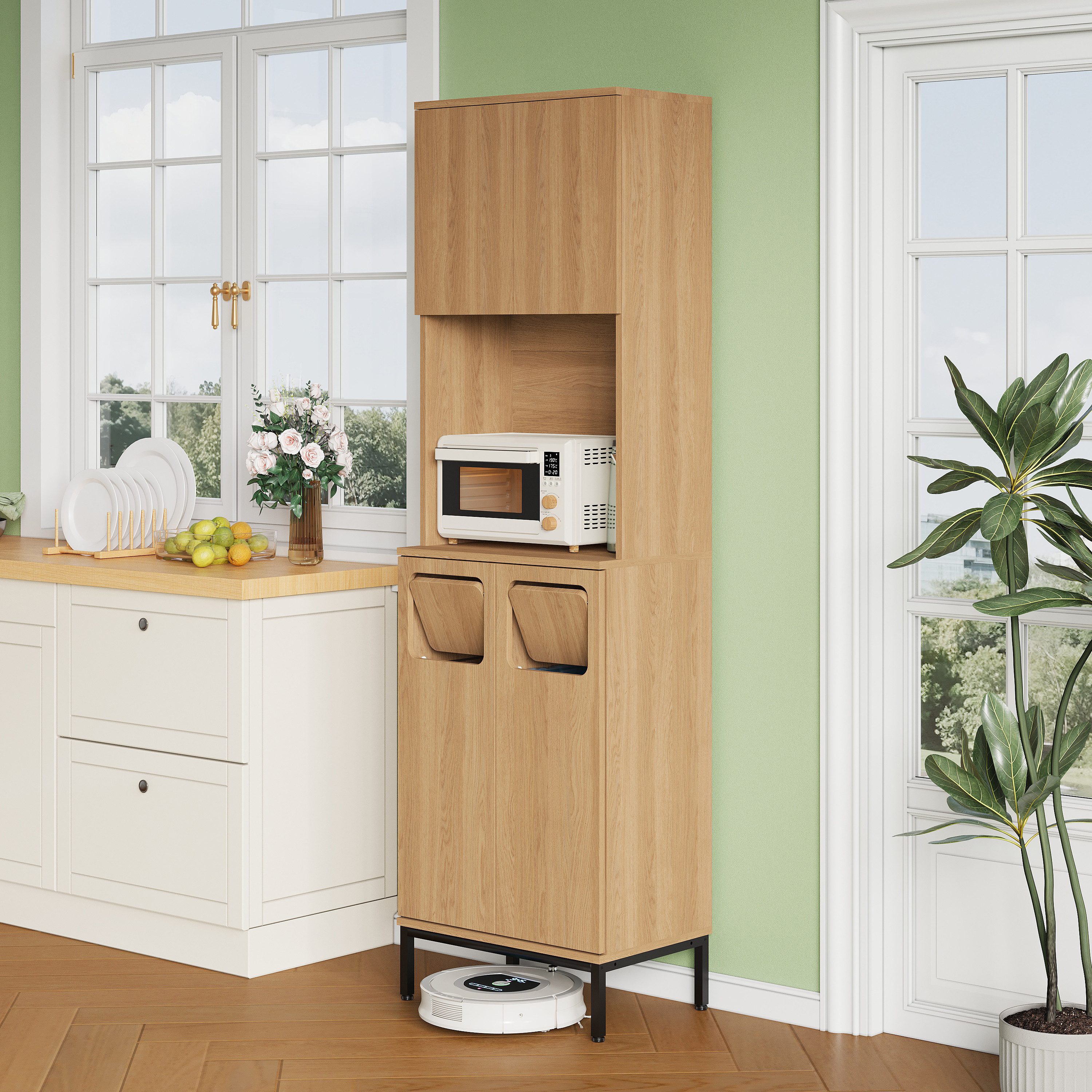 MODFU Küchenbuffet Integriertes Mikrowellenfach & Mülltrennung, verstellbare Böden (Packung, 1-St., 181 cm hoher Müllsammelschrank in Eiche-Optik & Schwarz, 53x35 cm) Vielseitiger Vorratsschrank für Haushaltsgeräte & Abfallsysteme