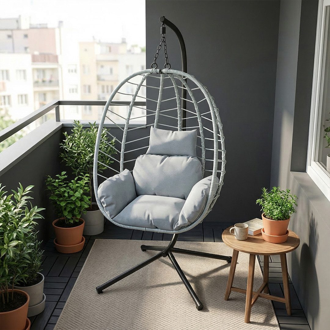 STEELSØN Hängesessel Alarian höhenverstellbar und faltbar (hellgrau/grau, mit Gestell und Sitzkissen, bis 150 kg belastbar), mit großem Korbsitz für indoor & outdoor, aus Polyrattan