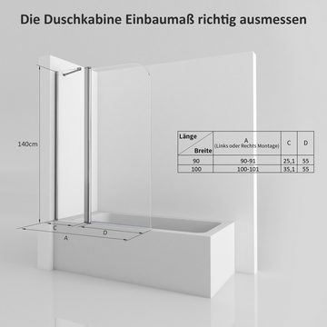 Hopibath Badewannenaufsatz 2 teilig Duschwand für Badewanne faltbar, 6mm beidseitig NANO Glas, (Badewannenaufsatz, Klarglas), mit Haltestange, 180 Grad nach innen/außen