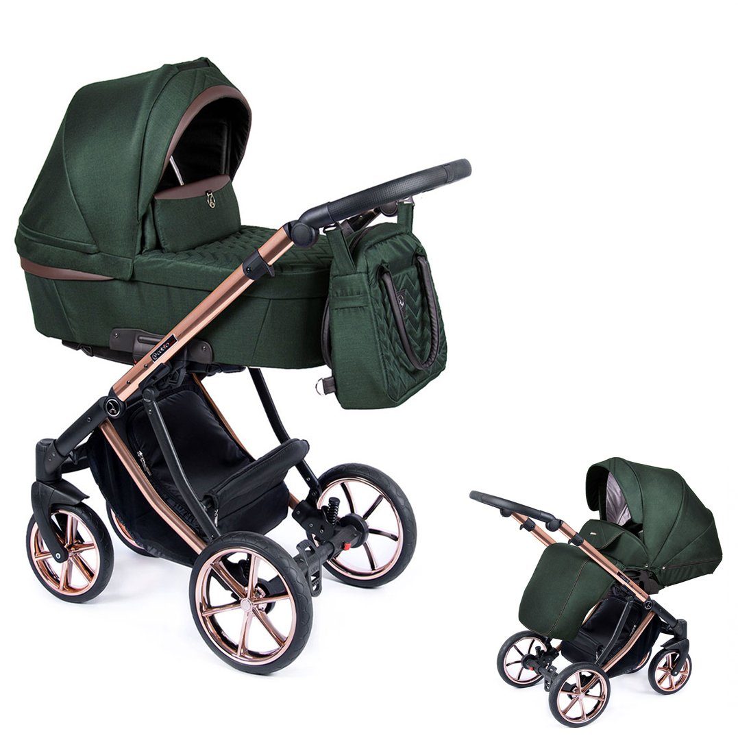 babies-on-wheels Kombi-Kinderwagen 2 in 1 Kinderwagen-Set Dante - 11 Teile - in 16 Farben Tannengrün = Gestell kupfer
