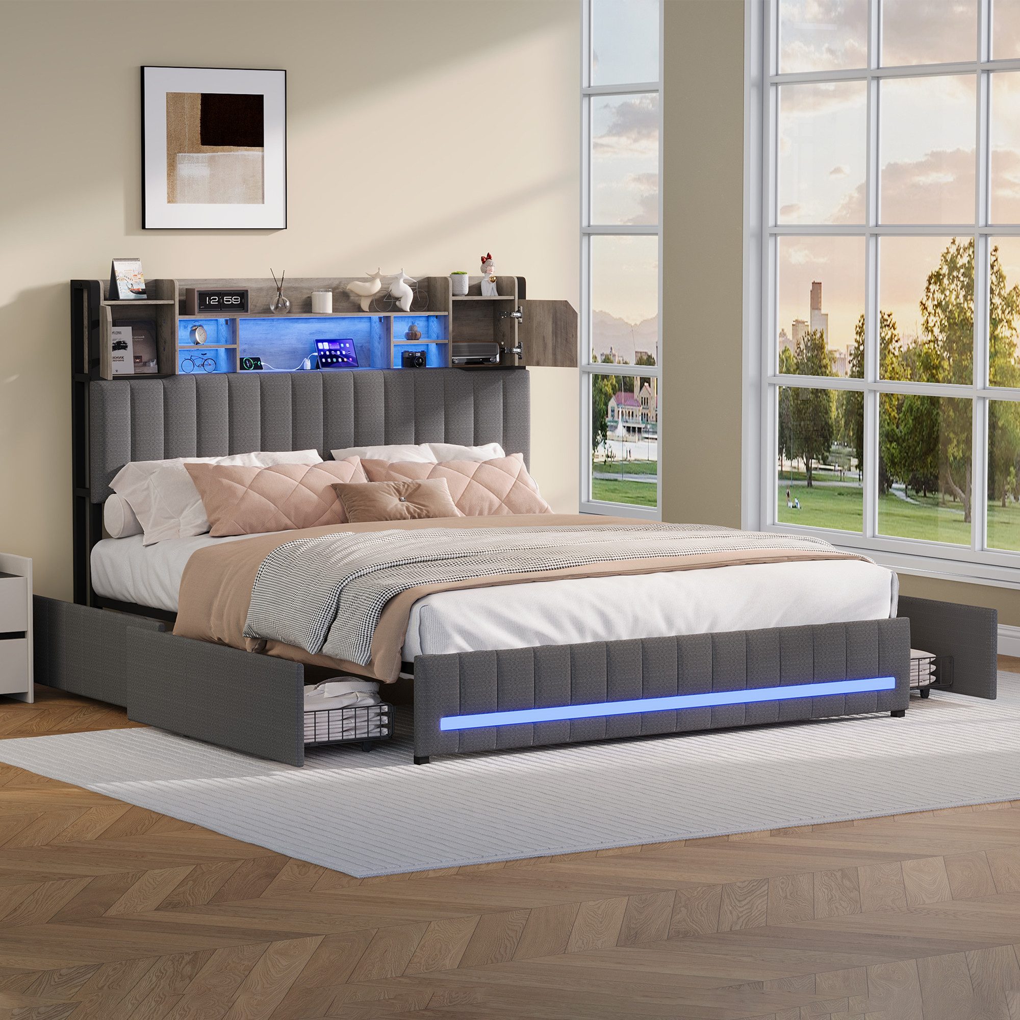 Polsterbett Doppelbett 140 x 200,Polsterbett mit Stauraum im Kopfteil,Bettgestell