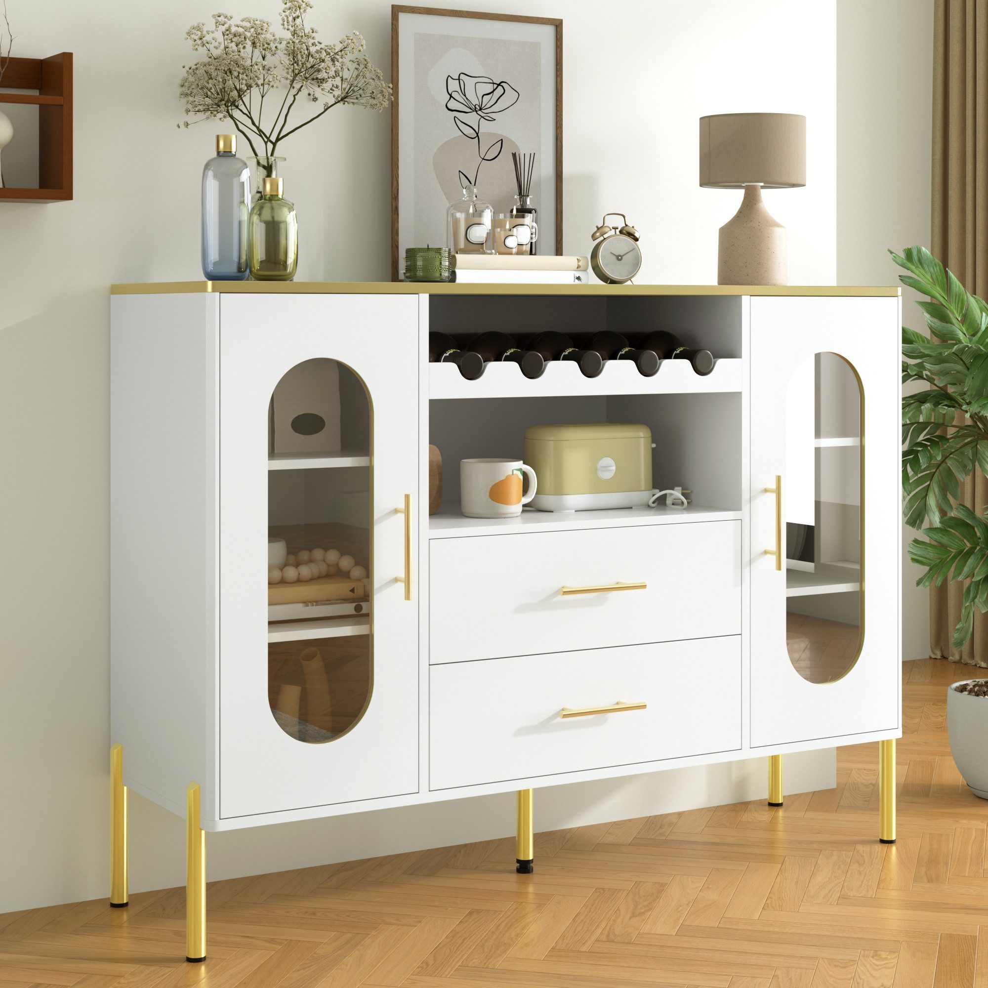 IDEASY Sideboard Weißes Sideboard: Glasfront, Weinregal & Stauraum