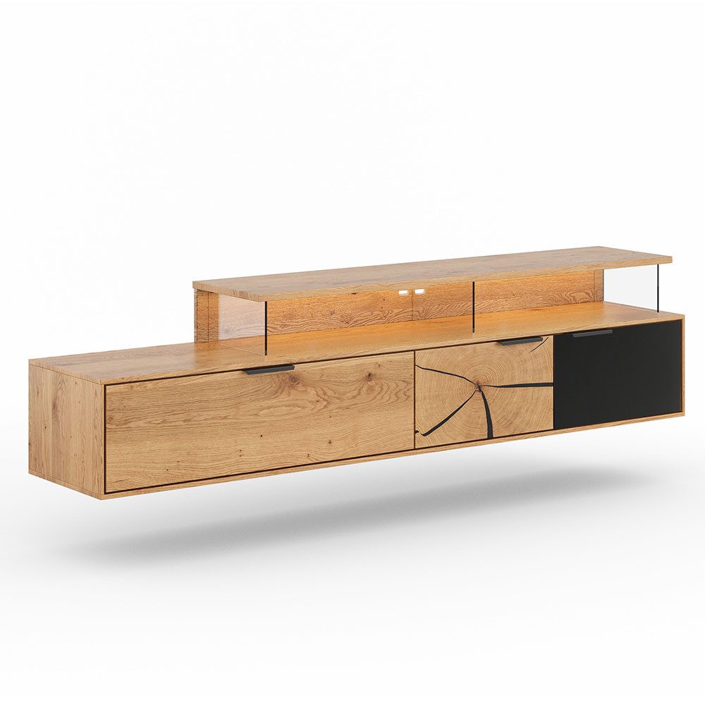 Feldmann-Wohnen Lowboard Tirano (3-türig, mit offnen Fächern, 1 St., Massivholz, geölte Oberfläche), 200x39x52cm 3-türig Eiche Natur, Hirnholz, Schwarz