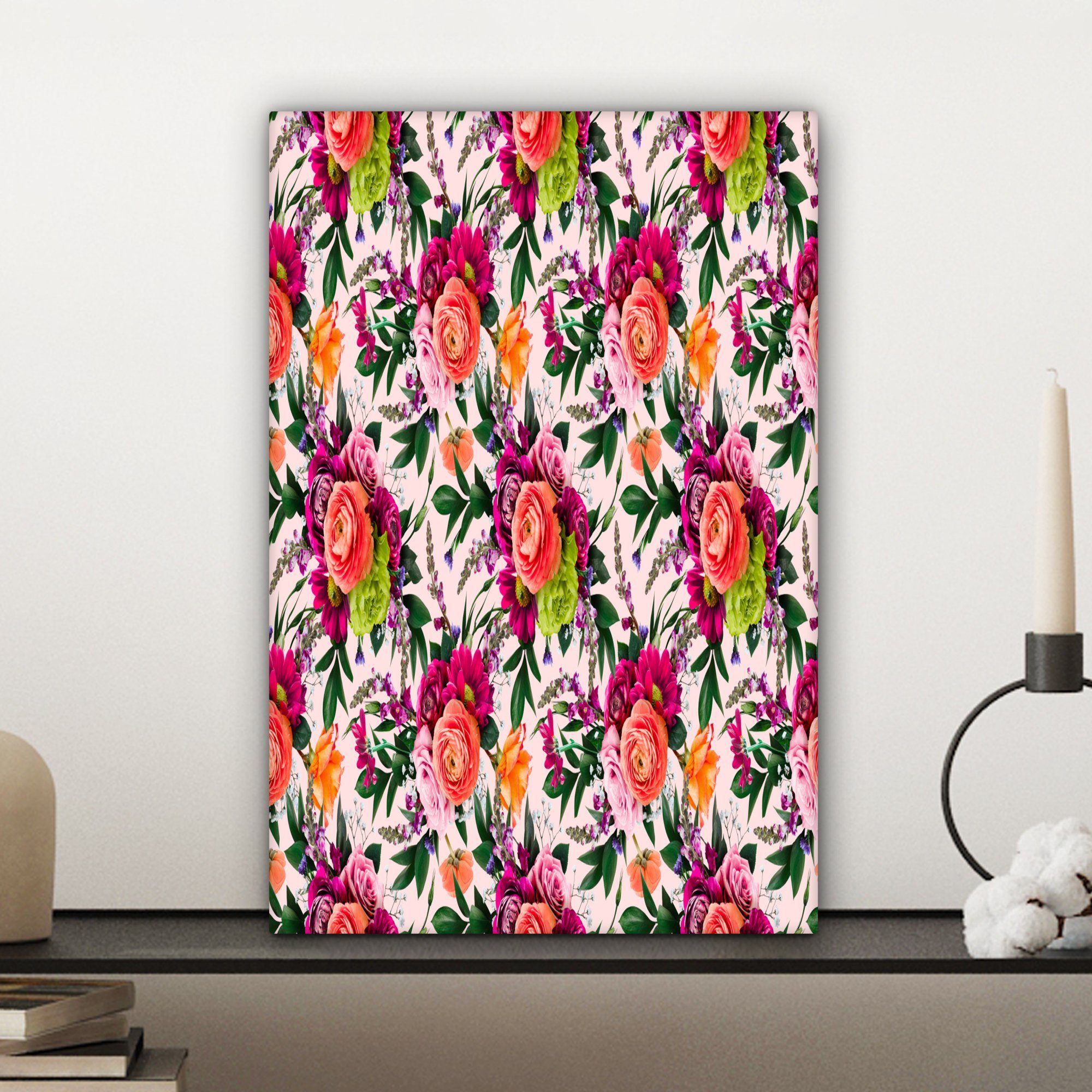 OneMillionCanvasses® Leinwandbild Blumen fertig Farben, (1 - Zackenaufhänger, cm inkl. Gemälde, - Leinwandbild bespannt Muster St), 20x30