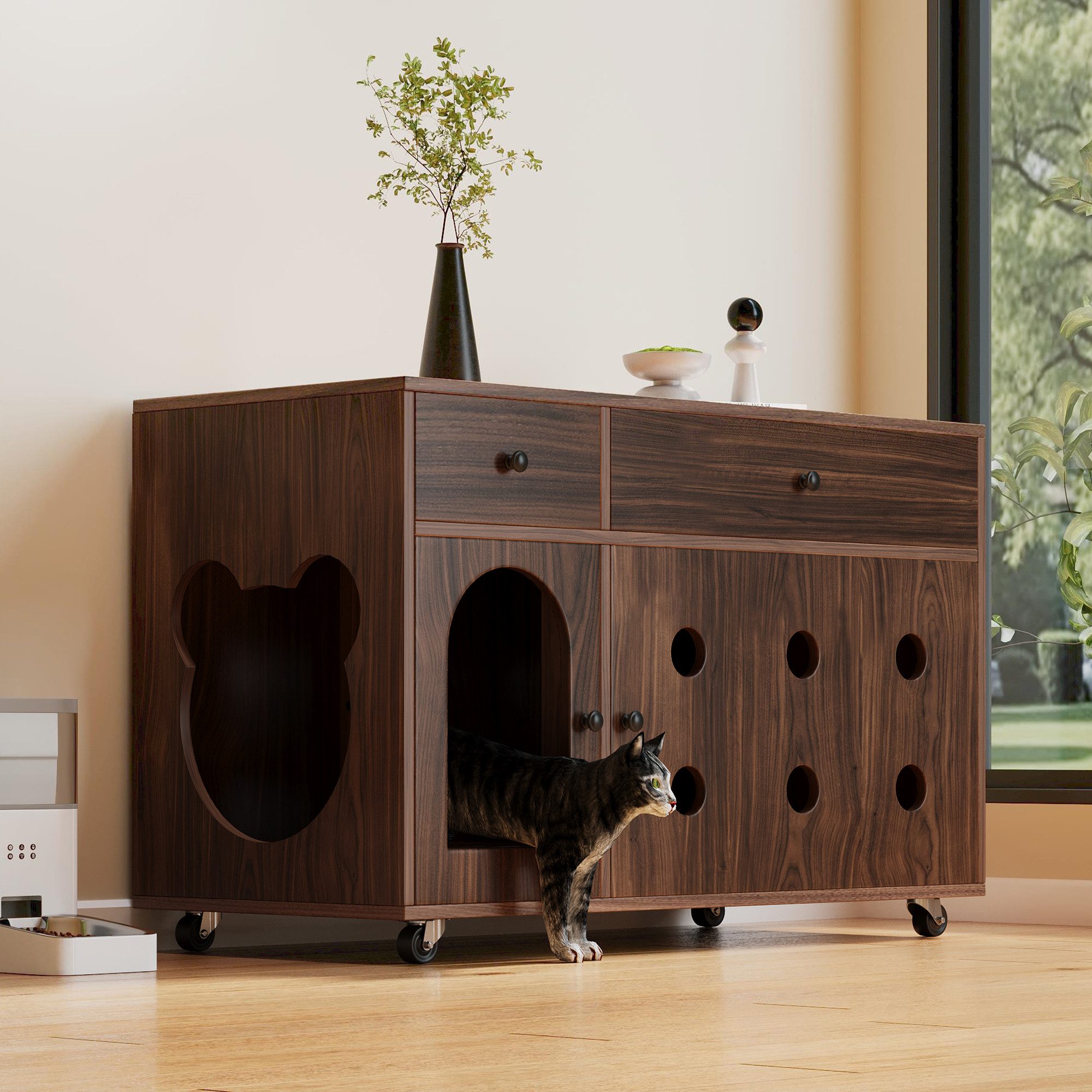 Flieks Mehrzweckschrank bewegliche Katzenkloschrank mit abnehmbarer Sandablassplatten (100×45×66 cm, 1-St) Katzenschrank mit Rollen und Schubladen Sideboard Holzoptik braun
