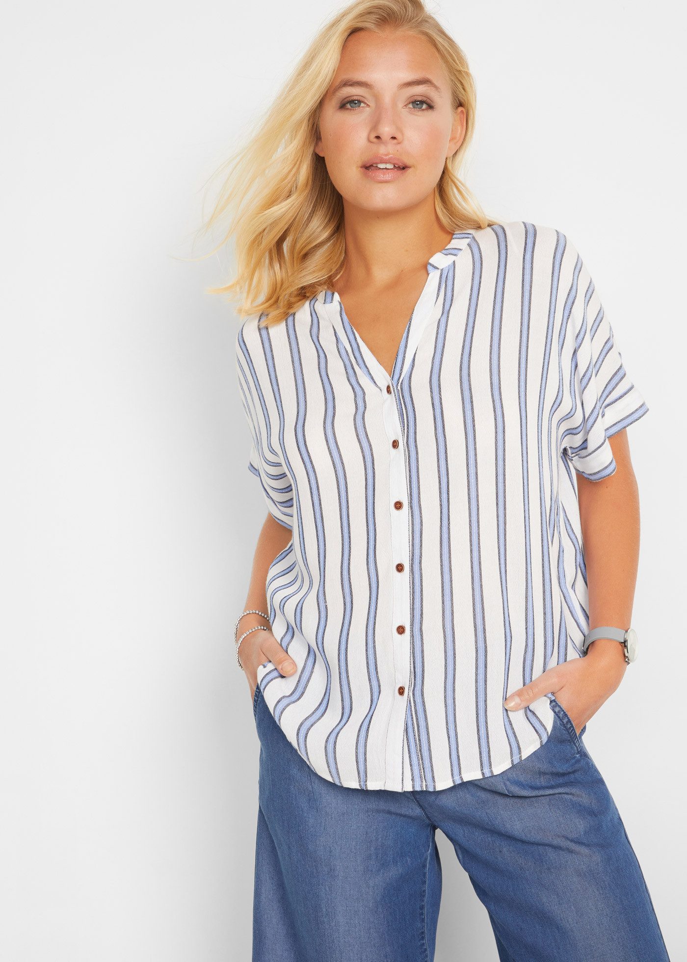 bonprix Hemdbluse mit schmalem Stehkragen und V-Ausschnitt günstig online kaufen