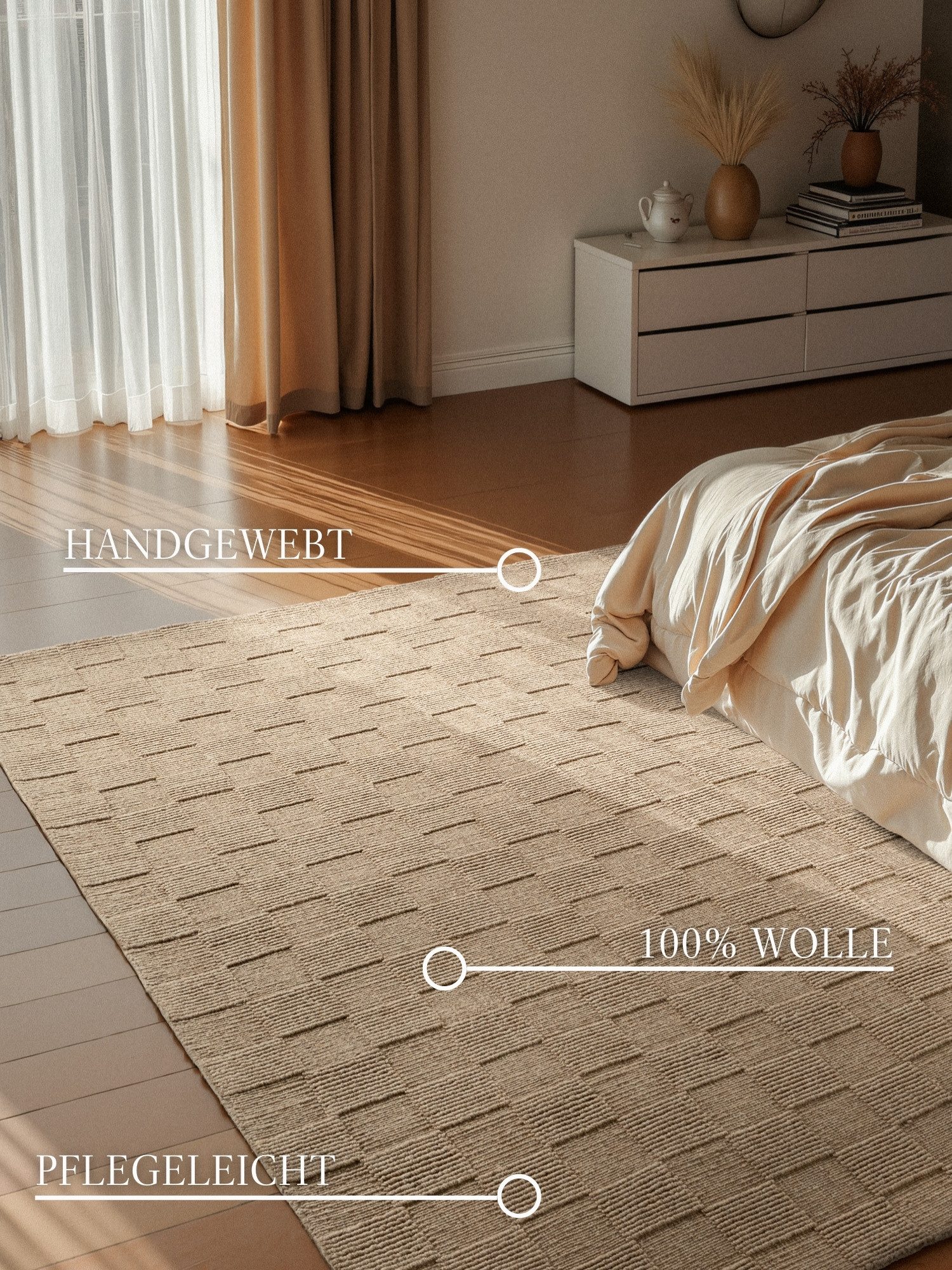 Villeroy & Boch Wollteppich Scala, rechteckig, Höhe: 10 mm, Handgewebt, Wolle, Kariert, Natur, 3D-Struktur, Karo, Wohnzimmer