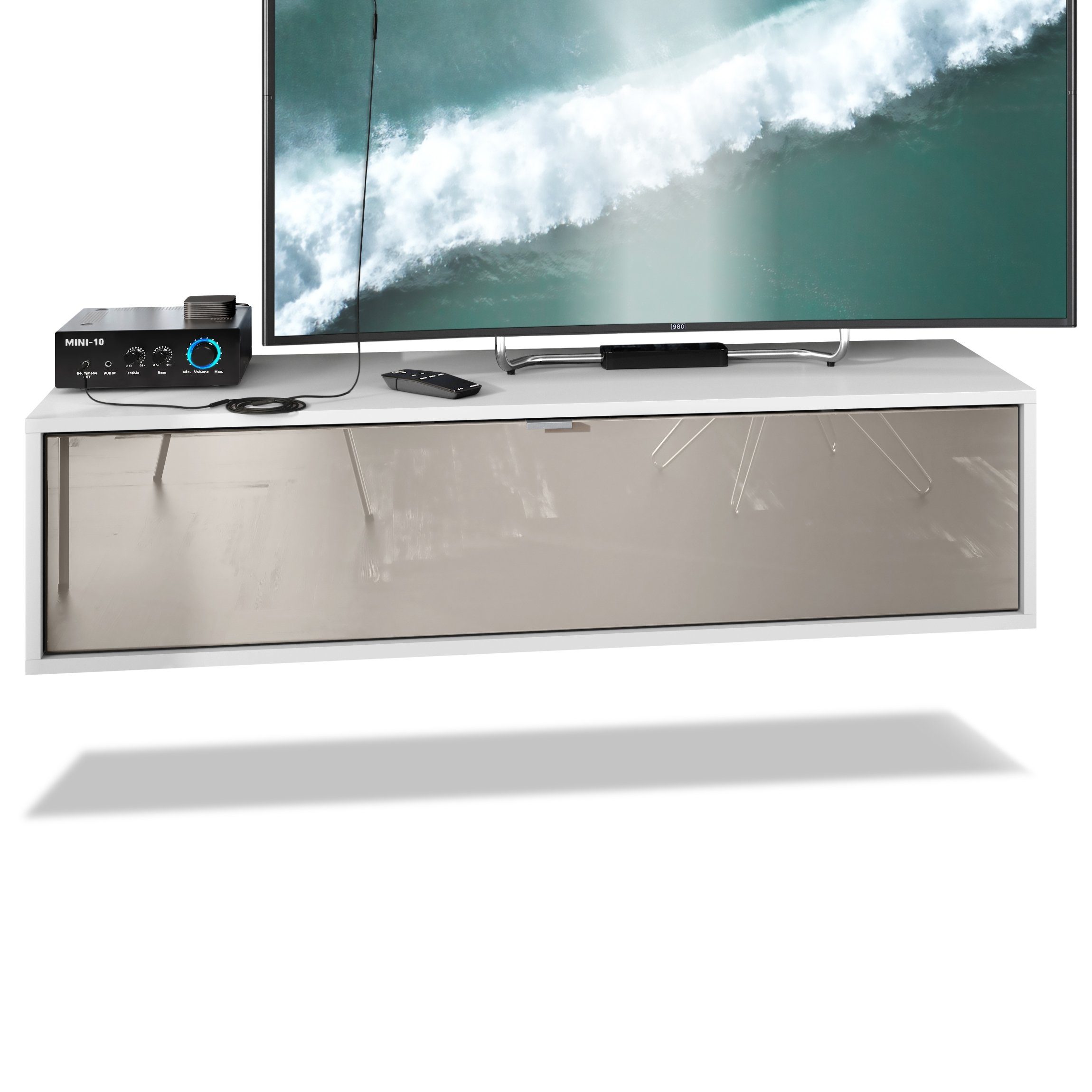 Vladon Lowboard Lana 1200 (TV-Kommode, mit Klappe dahinter 3 Fächer), Weiß matt/Sandgrau Hochglanz (120 x 29 x 37 cm)