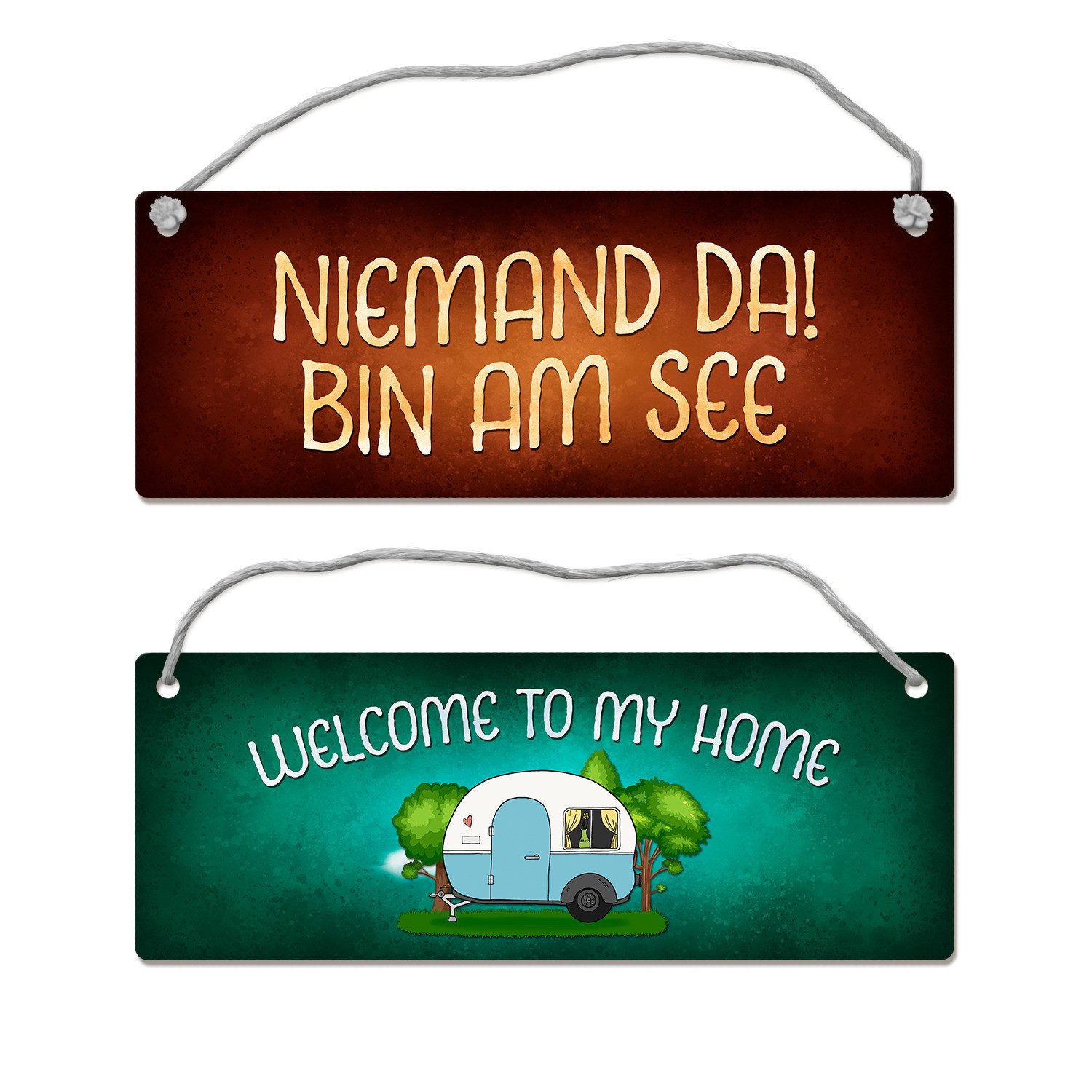 Metallschild Welcome to my home oder bin am See Wendeschild mit Kordel Camping