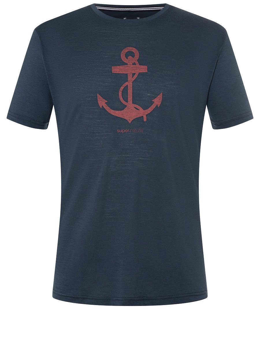 T-Shirt atmungsaktiver M SUPER.NATURAL Blueberry/Marine Merino Merino-Materialmix ANCHOR TEE Red Print-Shirt