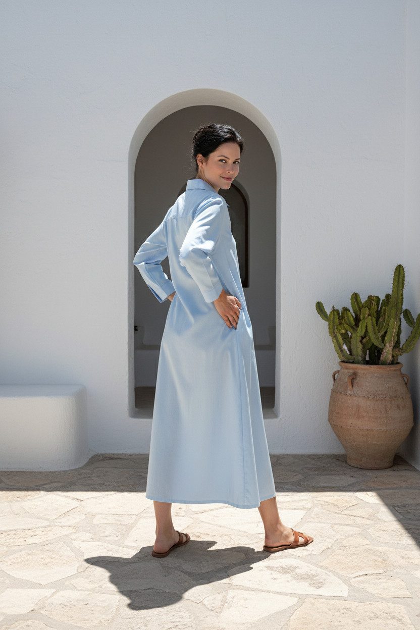 Zuckerwatte A-Linien-Kleid langes Hemdblusenkleid aus feiner Baumwolle mit Stretch