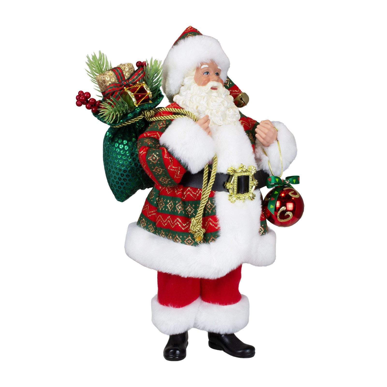 Christmas Paradise Weihnachtsmann Santa 38cm (stehend, 1 St., Weihnachtsdeko), rot-grün mit Geschenkesack