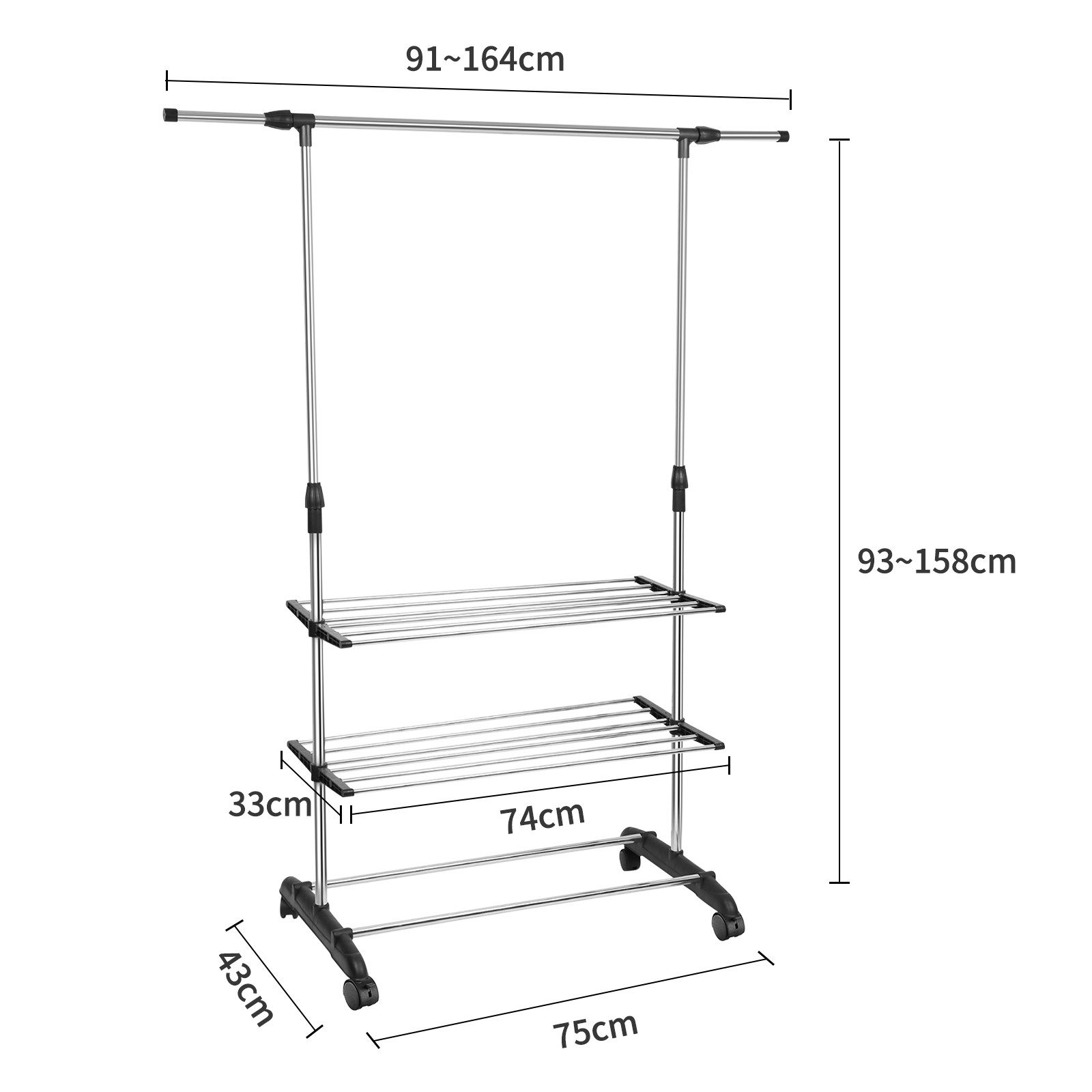 JEOBEST Kleiderständer Kleiderstange Stabil mit 3 Lagen Staufächer, Höhenverstellbar, Garderobenständer auf rollen 43x164x158cm