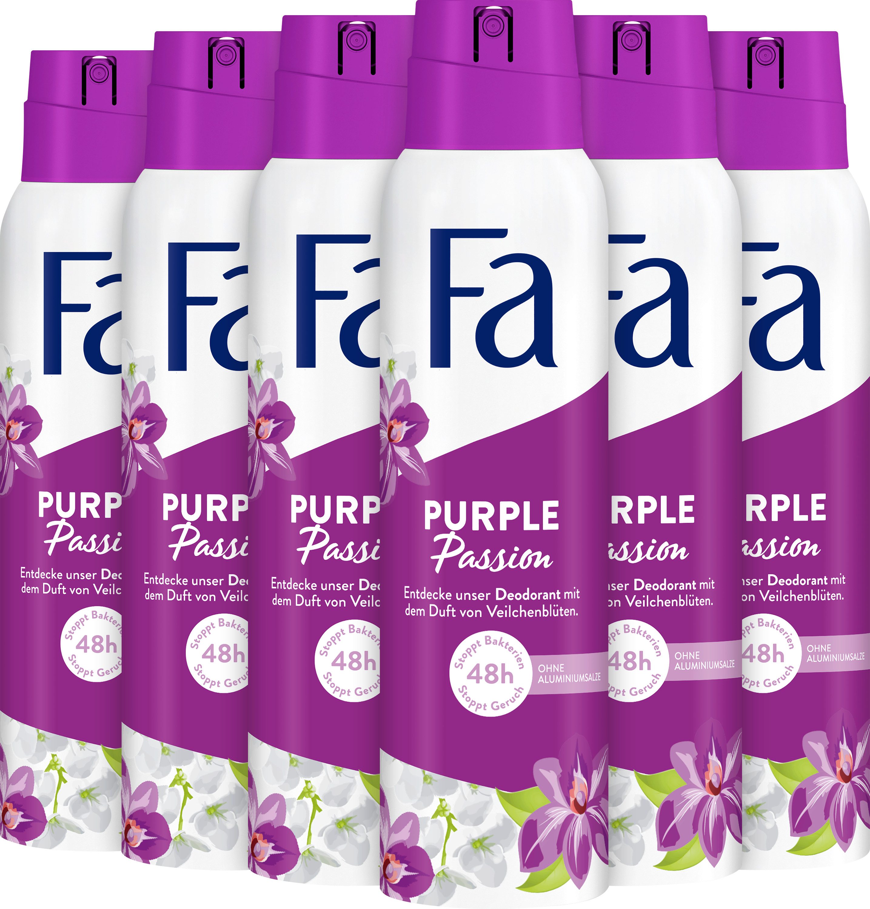 FA Deo-Spray Purple Passion, 6x 150 ml, Vorratspack, 6-tlg., hautfreundliche Formel, ohne Deo-Rückstände auf der Kleidung