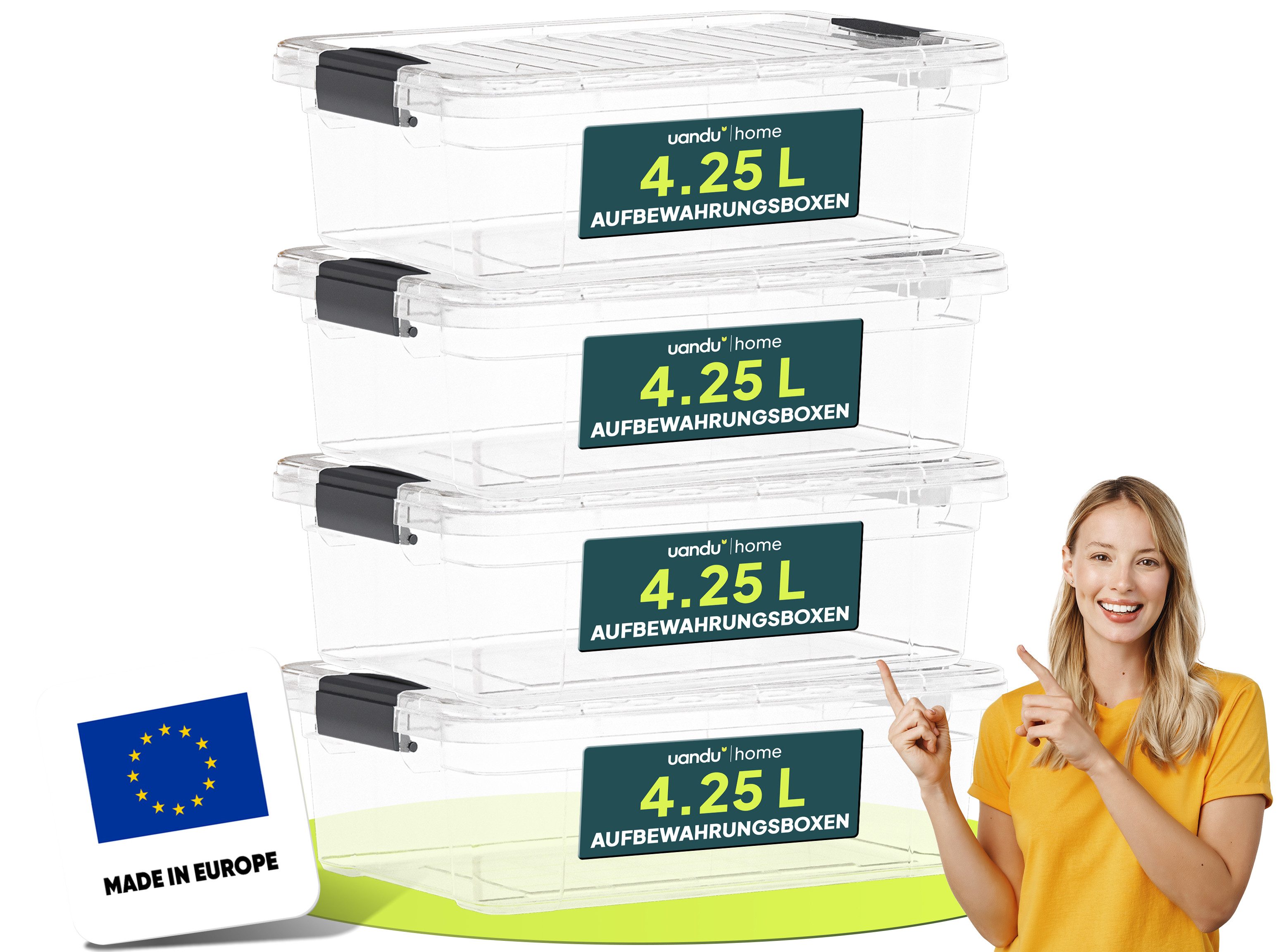 uandu home Aufbewahrungsbox mit Deckel groß Set BPA Frei Kunststoff, Aufbewahrungsboxen mit deckel (Plastikbox, Plastic Storage box, Storage Container, Stapelbar, 4 St., 3er, 4er und 6er-Set Varianten)