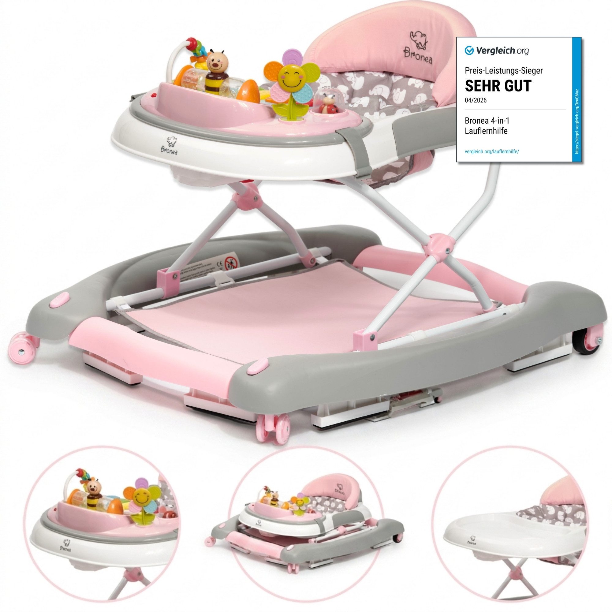 Bronea Lauflernhilfe 4-in-1 Lauflernwagen Gehfrei Baby Schaukel Lauflernhilfe Babywalker, Abnehmbares Spielpaneel - Wippfunktion - Leise gummierte Reifen