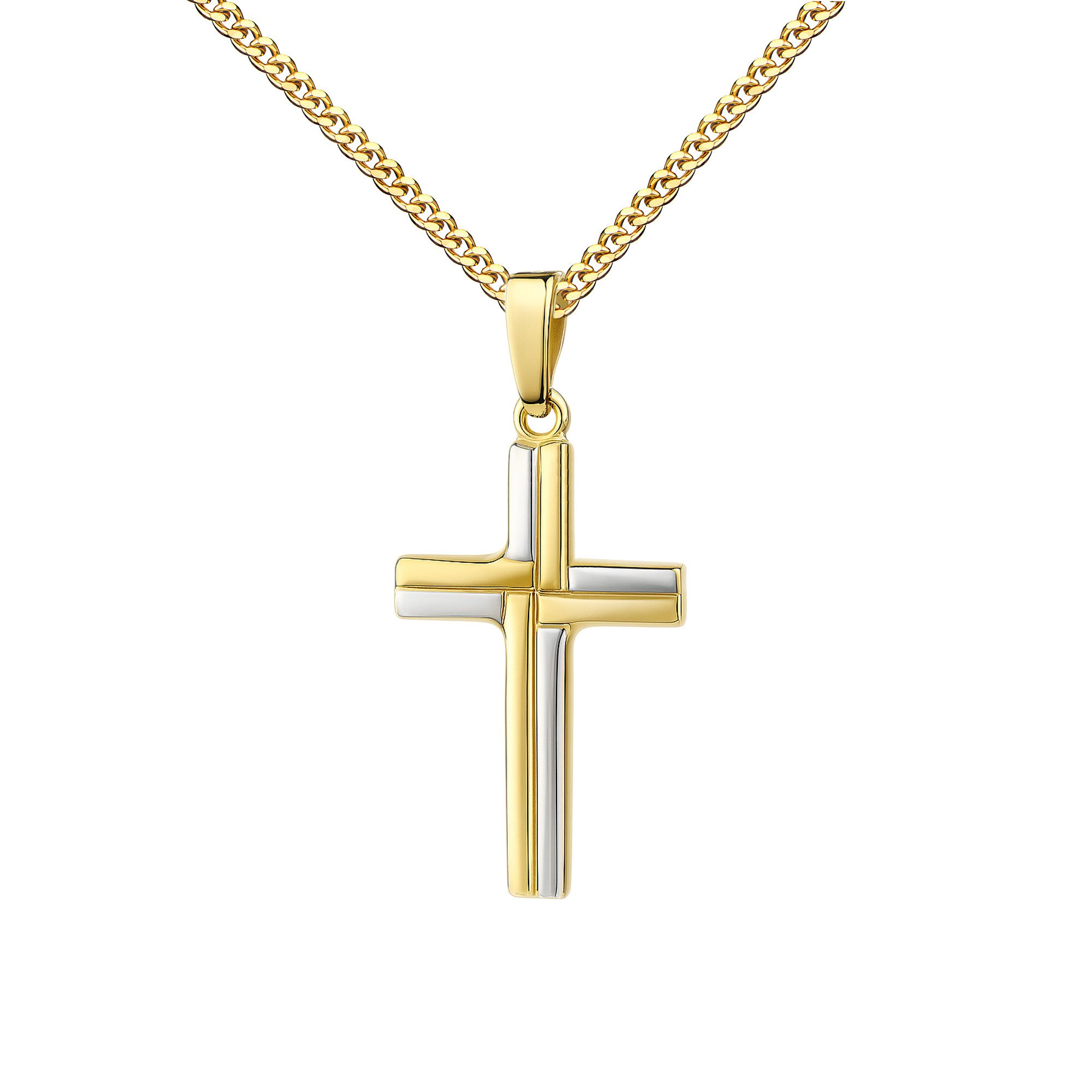 JEVELION Kreuzkette massives Anhänger-Kreuz bicolor 333 Gold - Made in Germany (Goldkreuz, für Damen und Herren), Mit Kette vergoldet- Довжина wählbar 36 - 70 cm oder ohne Kette.