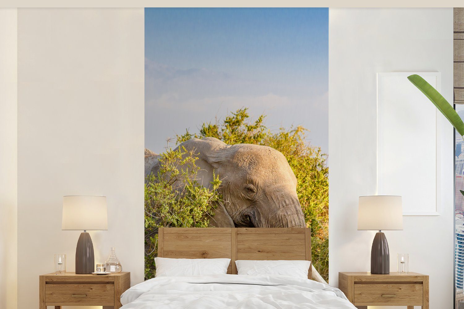 MuchoWow Fototapete Elefant - Tiere - Gras - Grün - Berg, Matt, bedruckt, (2 St), Vliestapete für Wohnzimmer Schlafzimmer Küche, Fototapete
