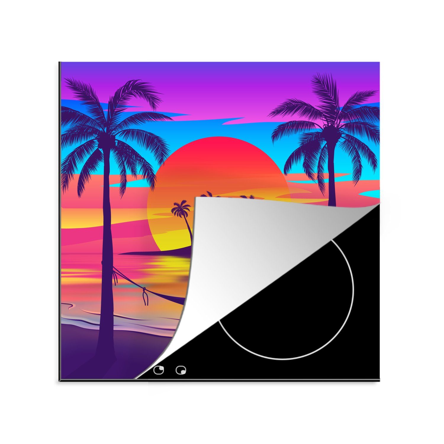 MuchoWow Herdblende-/Abdeckplatte Illustration eines tropischen Strandes mit buntem Sonnenuntergang, Vinyl, (1 tlg), 78x78 cm, Ceranfeldabdeckung, Arbeitsplatte für küche