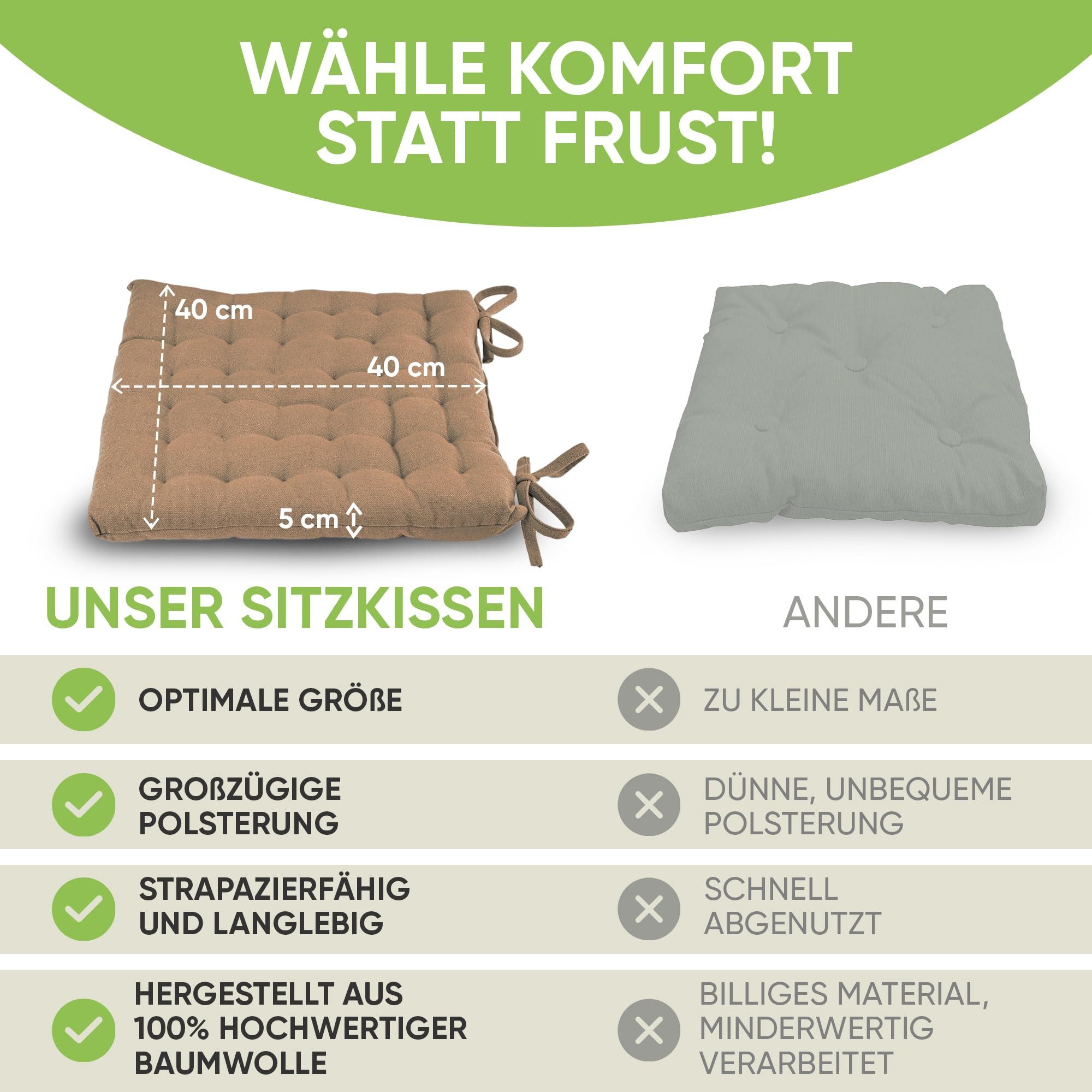 Gräfenstayn Stuhlkissen Stuhl 40×40 cm – Sitzkissen 4er‑Set Baumwolle, robustes Sitzkissen für Indoor & Outdoor, mit Haltebändern